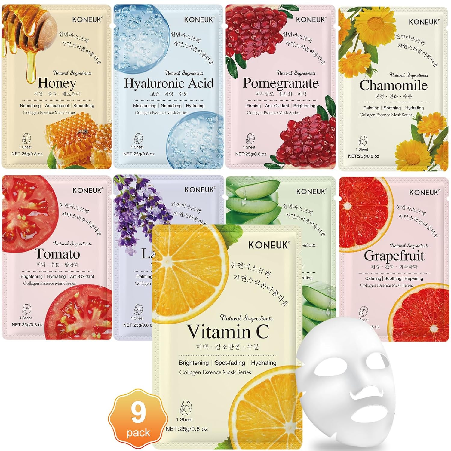 9 Pack Collagen Face Masks Skincare for Women, Hydrating Sheet Face Masks Suitab