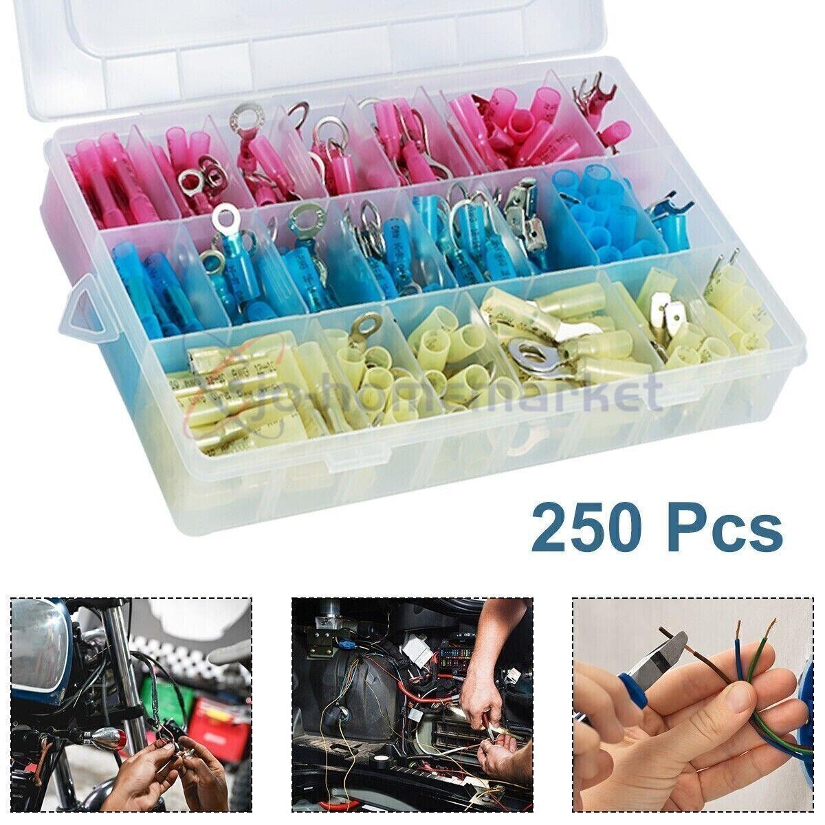 250PC Heat Shrink Wire Connectors Electrical Ring Fork Spade Crimp Terminals Kit