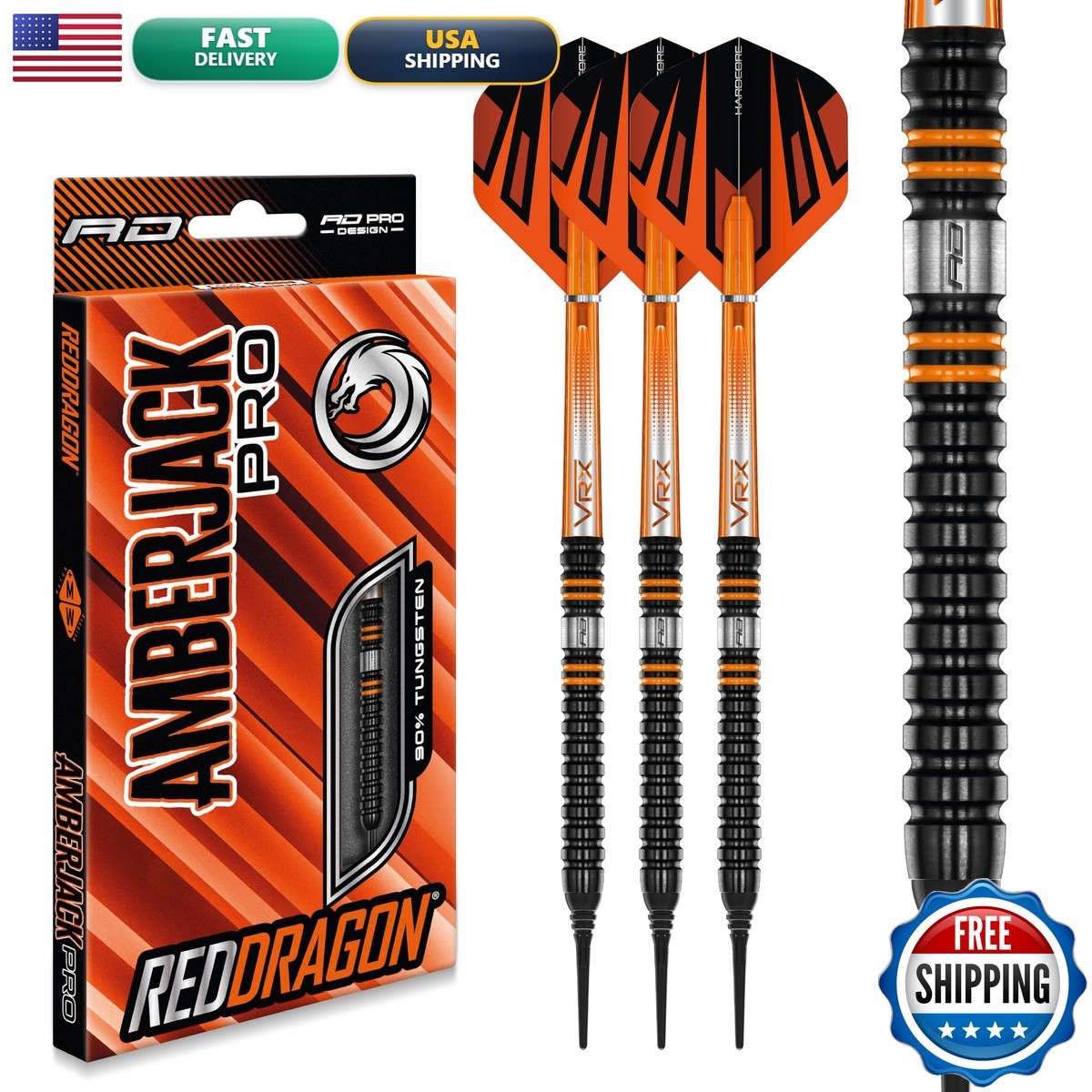 Red Dragon Amberjack Pro 1 Soft Tip Darts Set - 3X 90 Tungsten Slim Barrels For