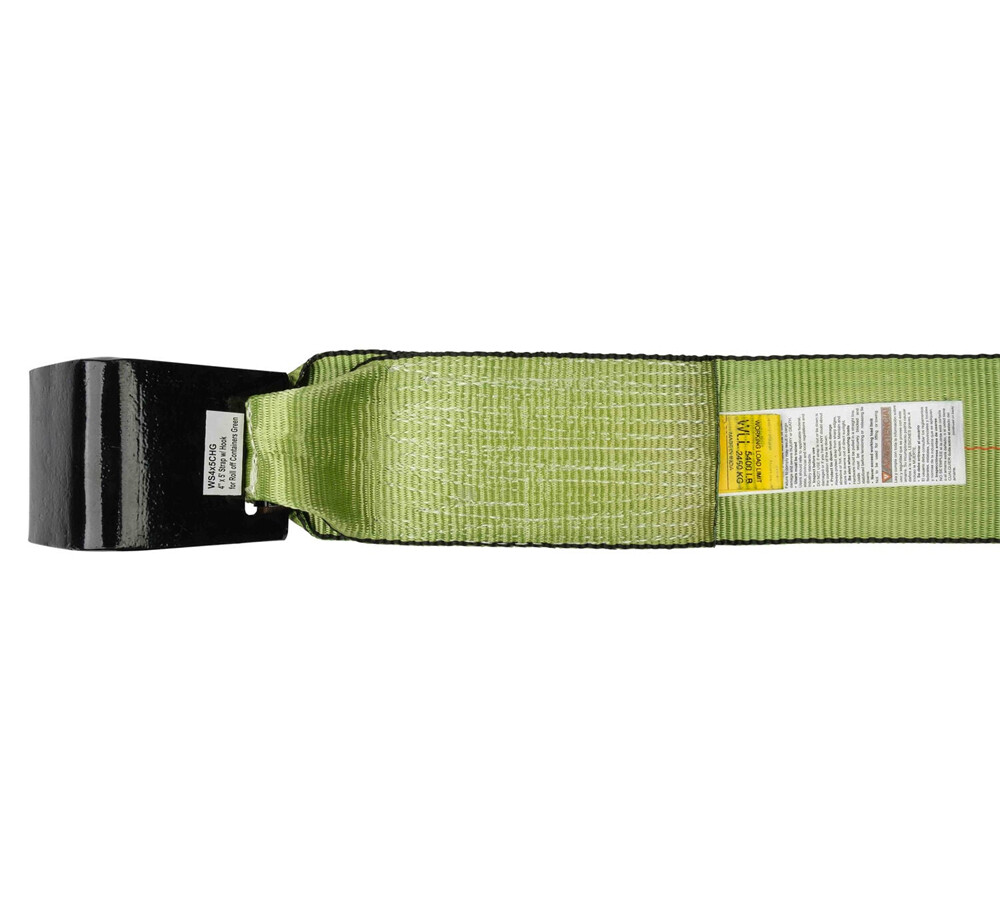 (4 Pack) 4"x5' Roll Off Container Green Winch Strap w/ Large Flat Hook for Truck