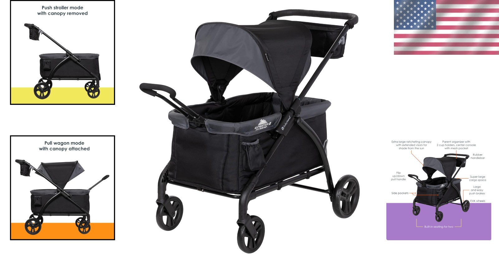 Versatile Expedition Stroller Wagon 2 Seating Options Foldable Canopy 2 Kids