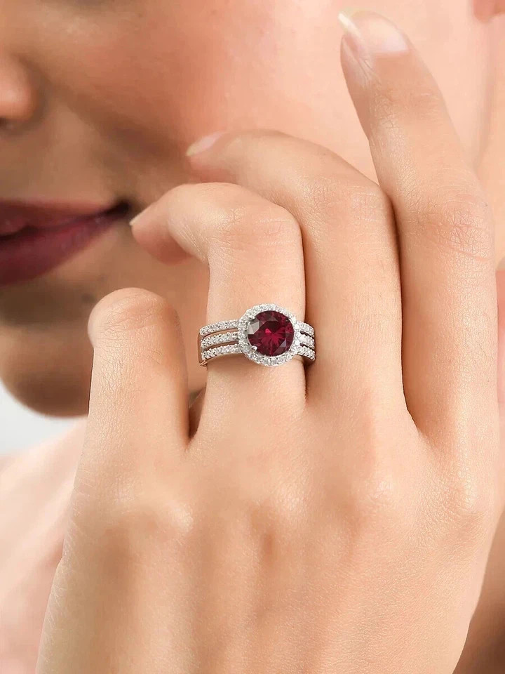 3.30 Ct Round Cut Natural Ruby & Diamond Engagement Ring 14K White Gold Solid