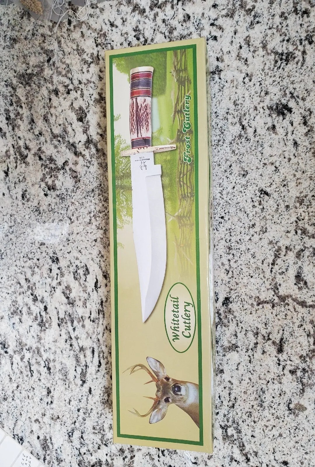 WHITETAIL CUTLERY 15 1/4" STAG HANDLE BOWIE KNIFE WITH LEATHER SHEATH.