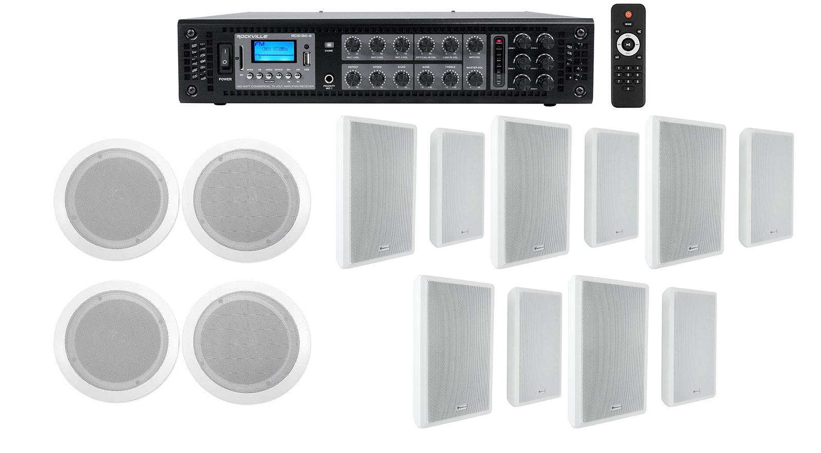 6-Zone Home Audio Receiver+(4) 6.5" White Ceiling+(10) 5.25" Slim Wall Speakers