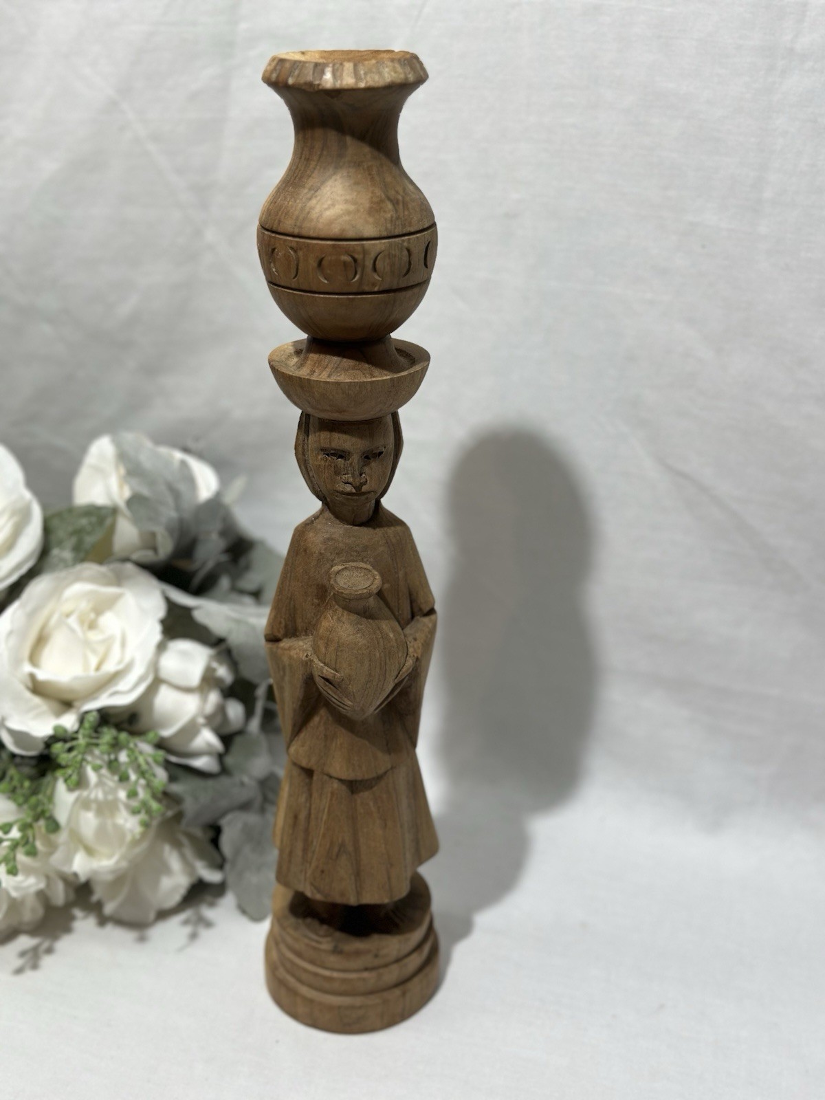 Peruvian Woman Candle Holder Hand Carved Wood Figurine with Basket Vintage 15”
