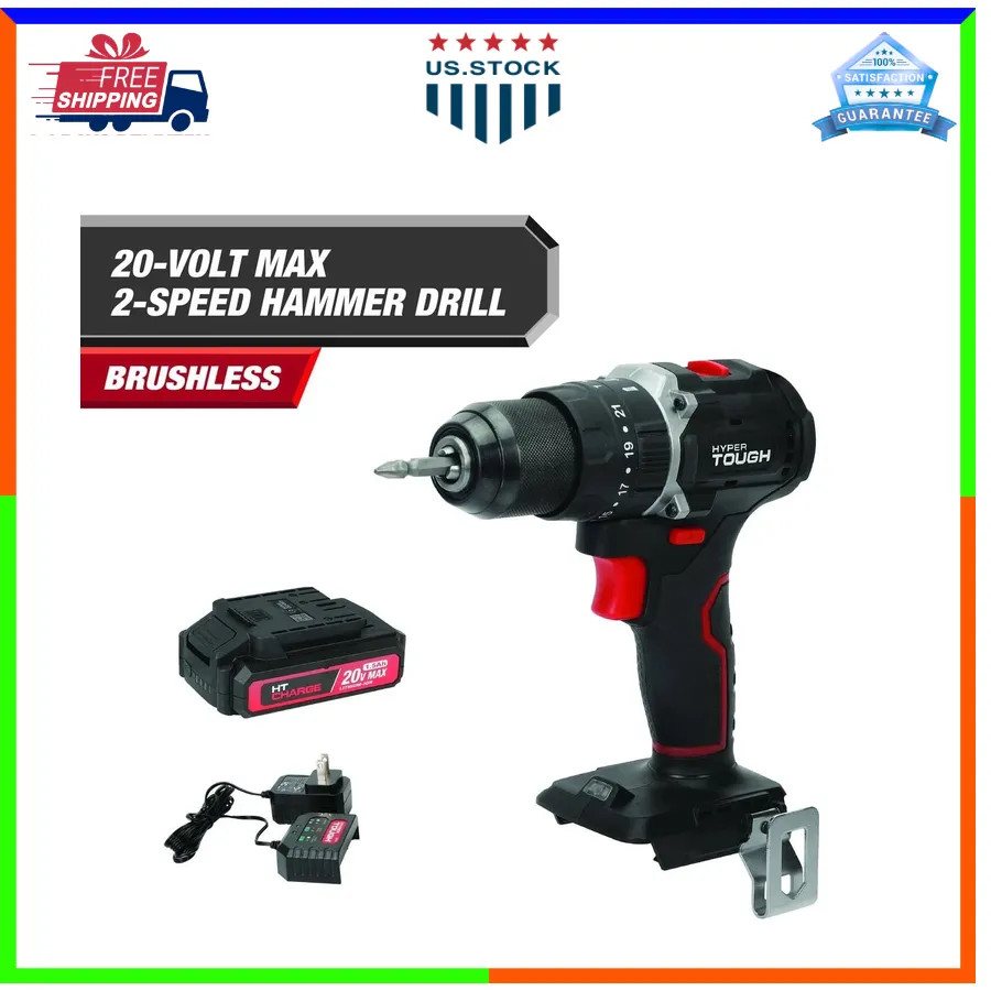 Hyper Tough 20V Brushless 1/2 inch 2 Speed Cordless Hammer Drill Battery Charger