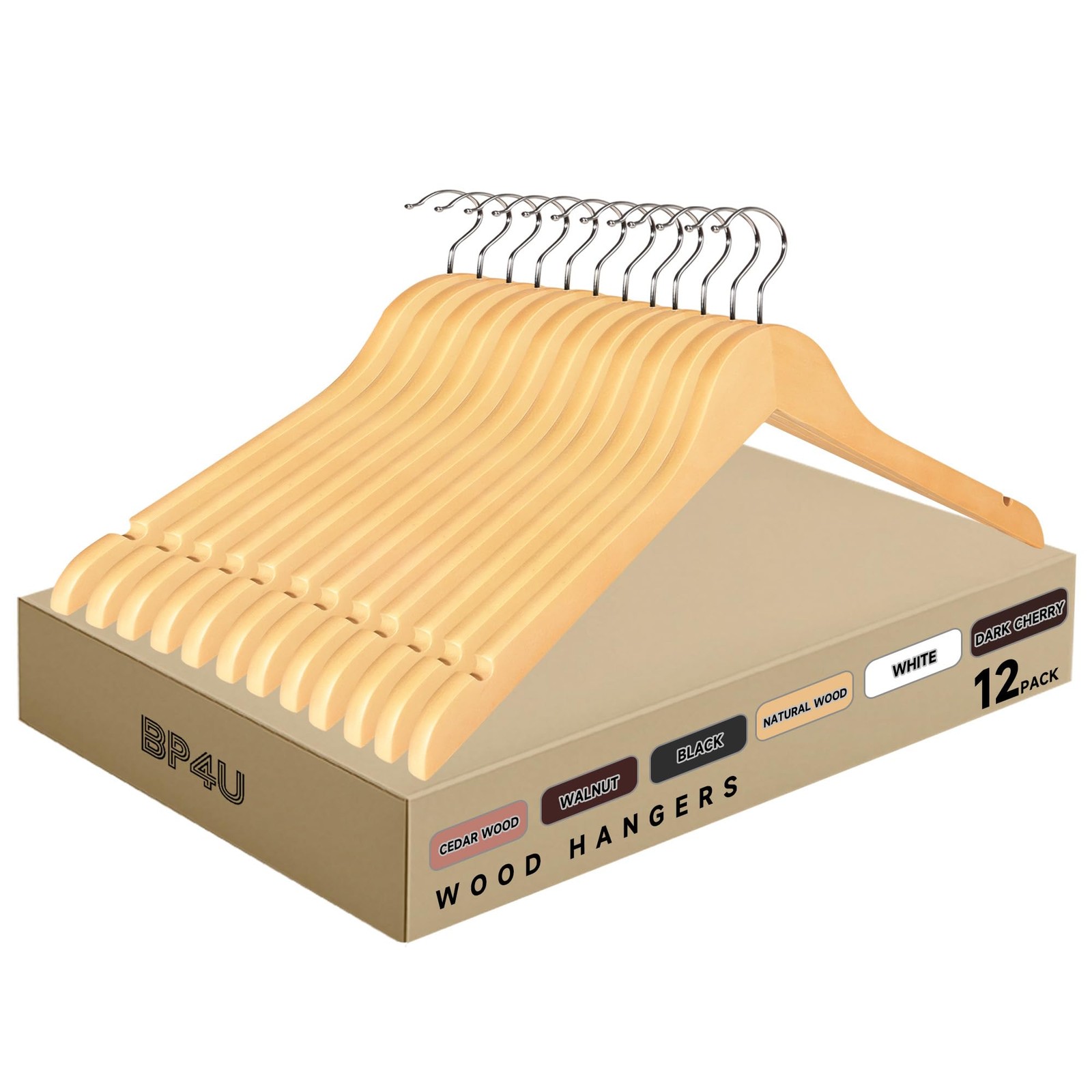 Wooden Clothes Hangers Without Bar, 12-Pack Natural Wood Top Hangers with 360...