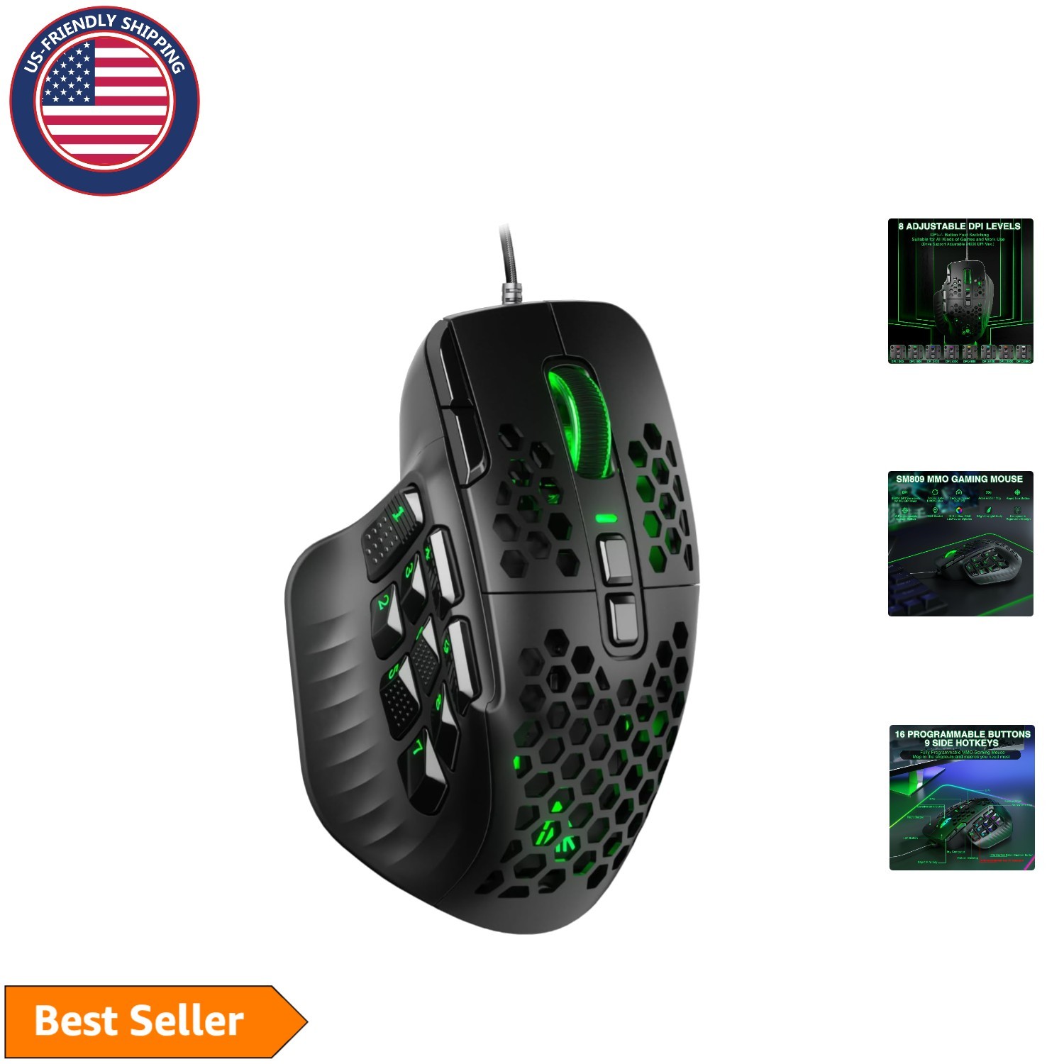 RGB Wired MMO Mouse SM809 - 16 Programmable Buttons, 24000 DPI, for PC Gamers