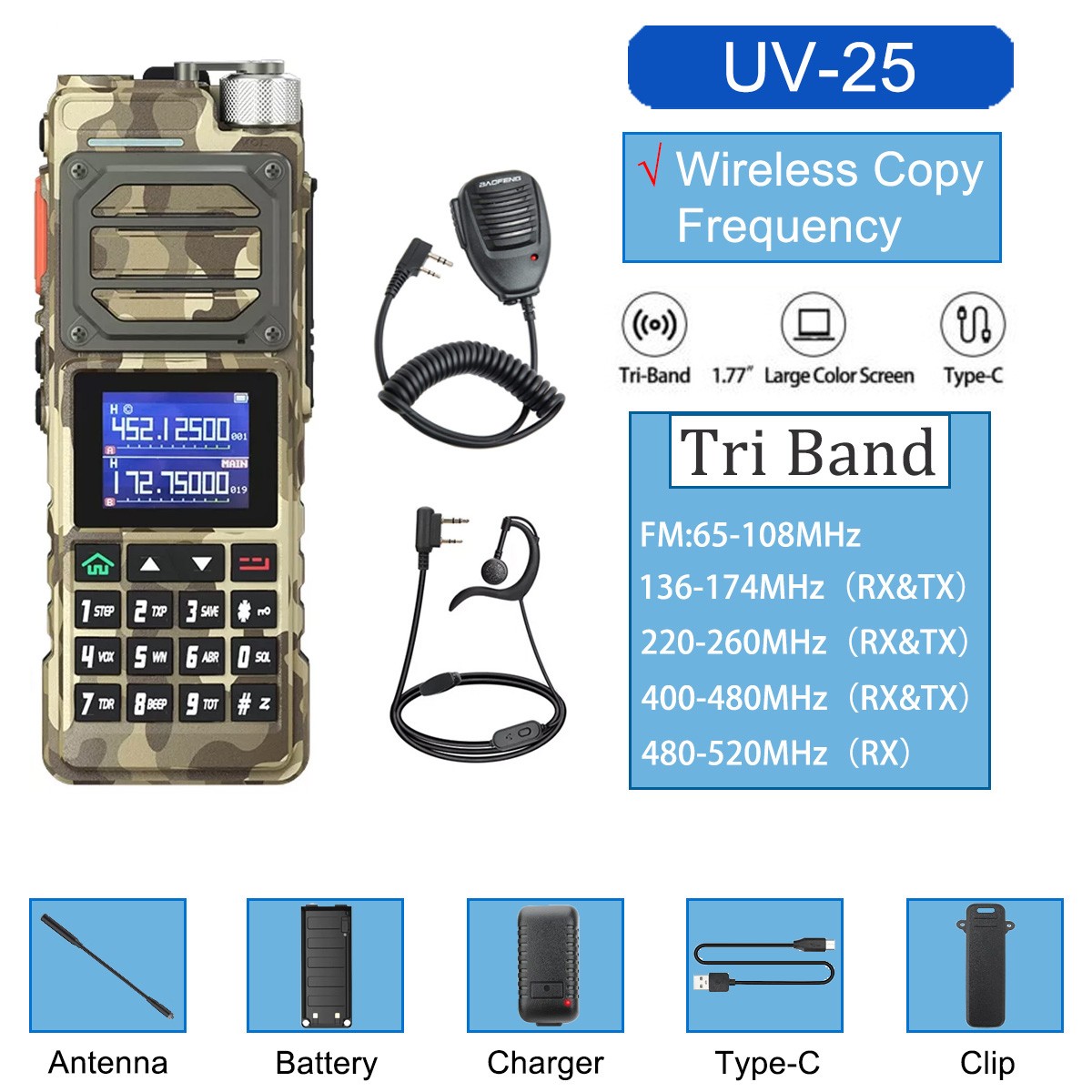 BAOFENG UV25 WALKIE TALKIE LONG RANGE TRI-POWER TWO WAY HAM RADIO 10W 999CH&MIC
