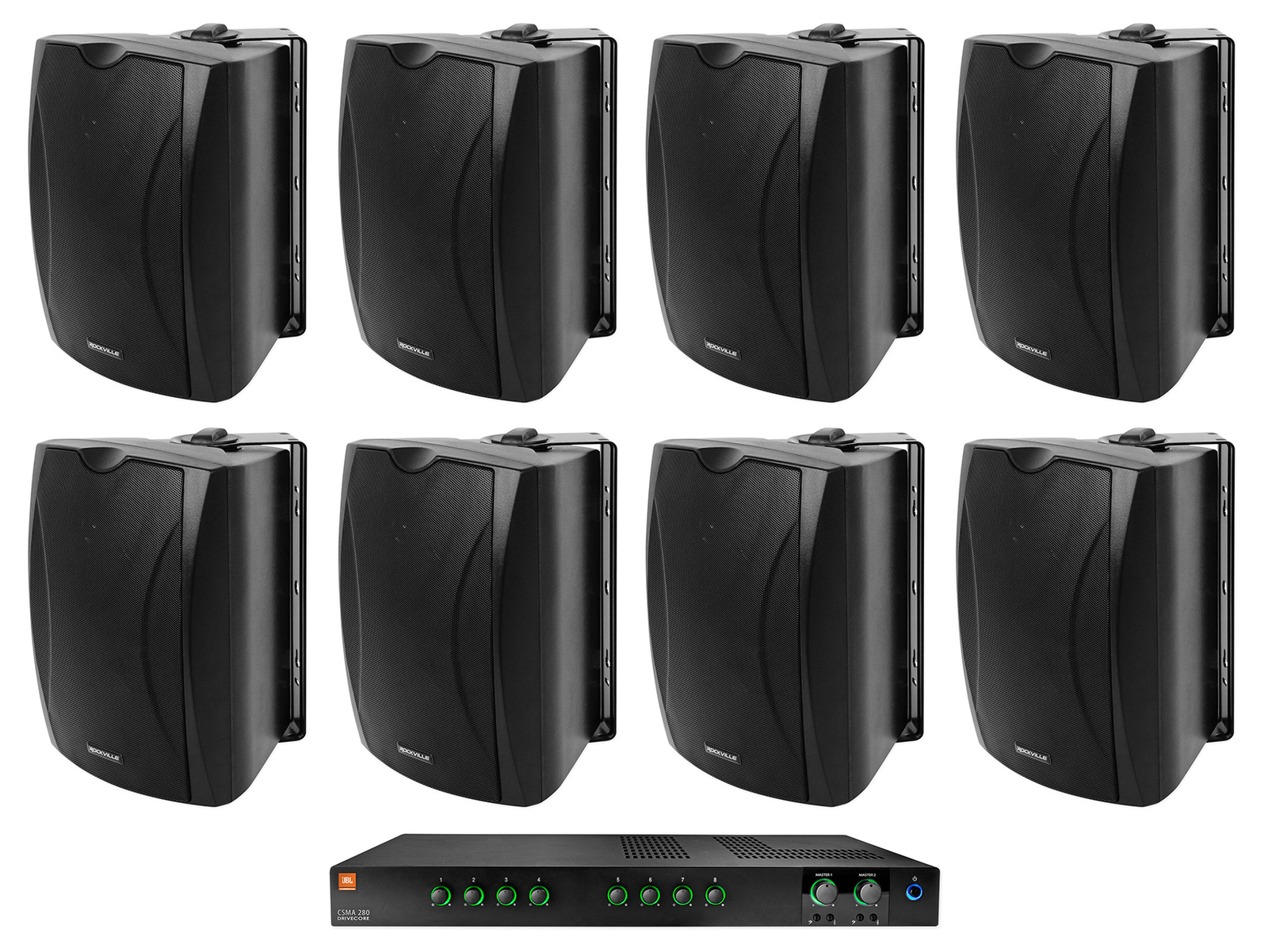 JBL Commercial 70v Amp+(8) Black 5.25" Wall Speakers For Restaurant/Bar/Office