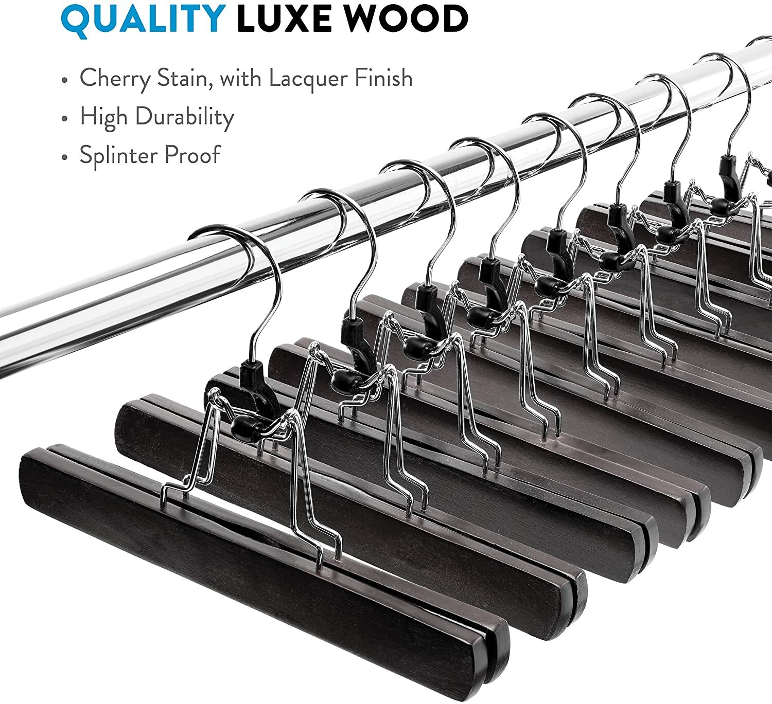 High-Grade Wooden Pants Hangers with Clips Non Slip Slack Skirt Hangers, 10 Pack