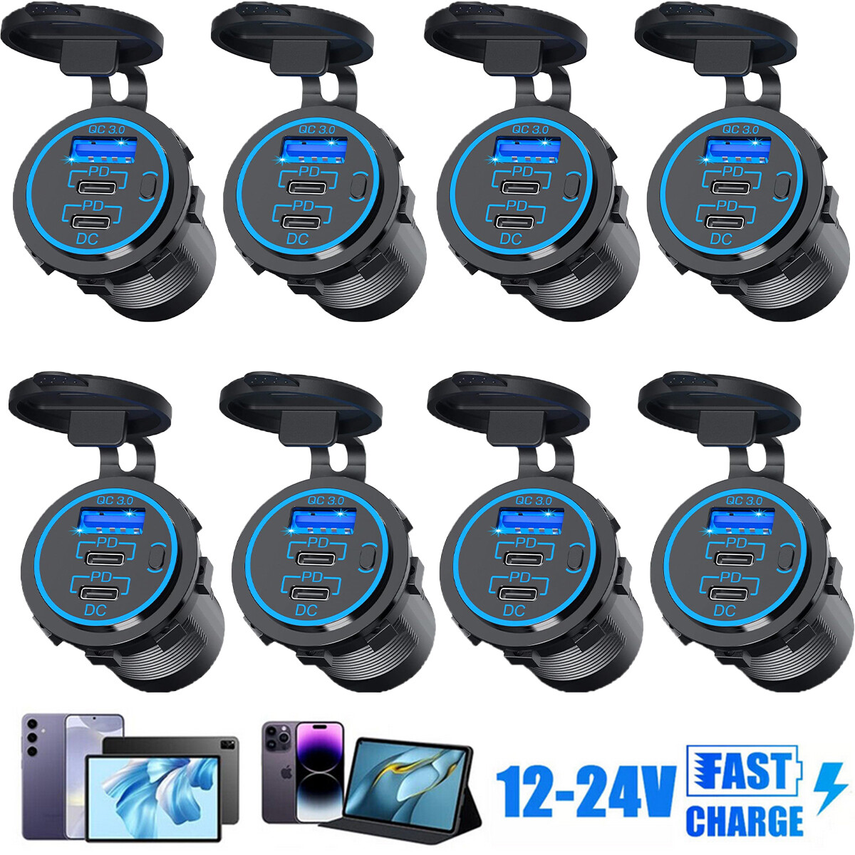12V-24V QC3.0 + PD USB C Car Fast Charger Power Socket Outlet for Boat RV Lot
