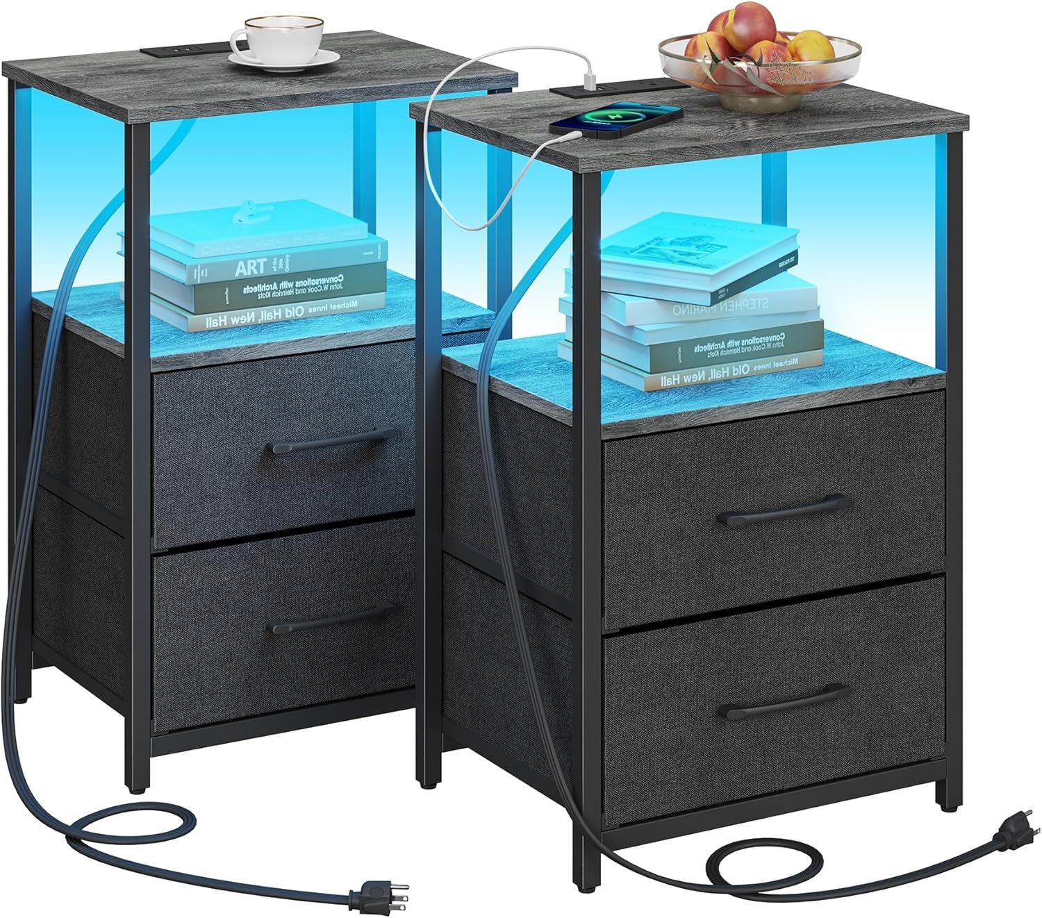 LED End Table W/ Charging Station Nightstand W/ Cloth Drawer Side Table W/ 1 USB