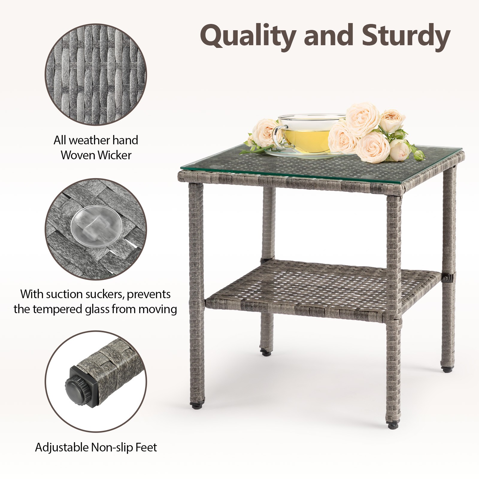 Brand New Square Double-layer Glass Tabletop Gray Gradient Rattan Edge Table-