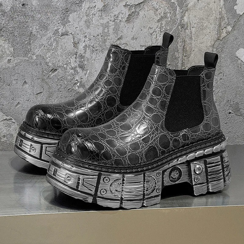 Thick Sole Chelsea Boots Mens High-Top Casual Heightening Leather Uncommon Shoes