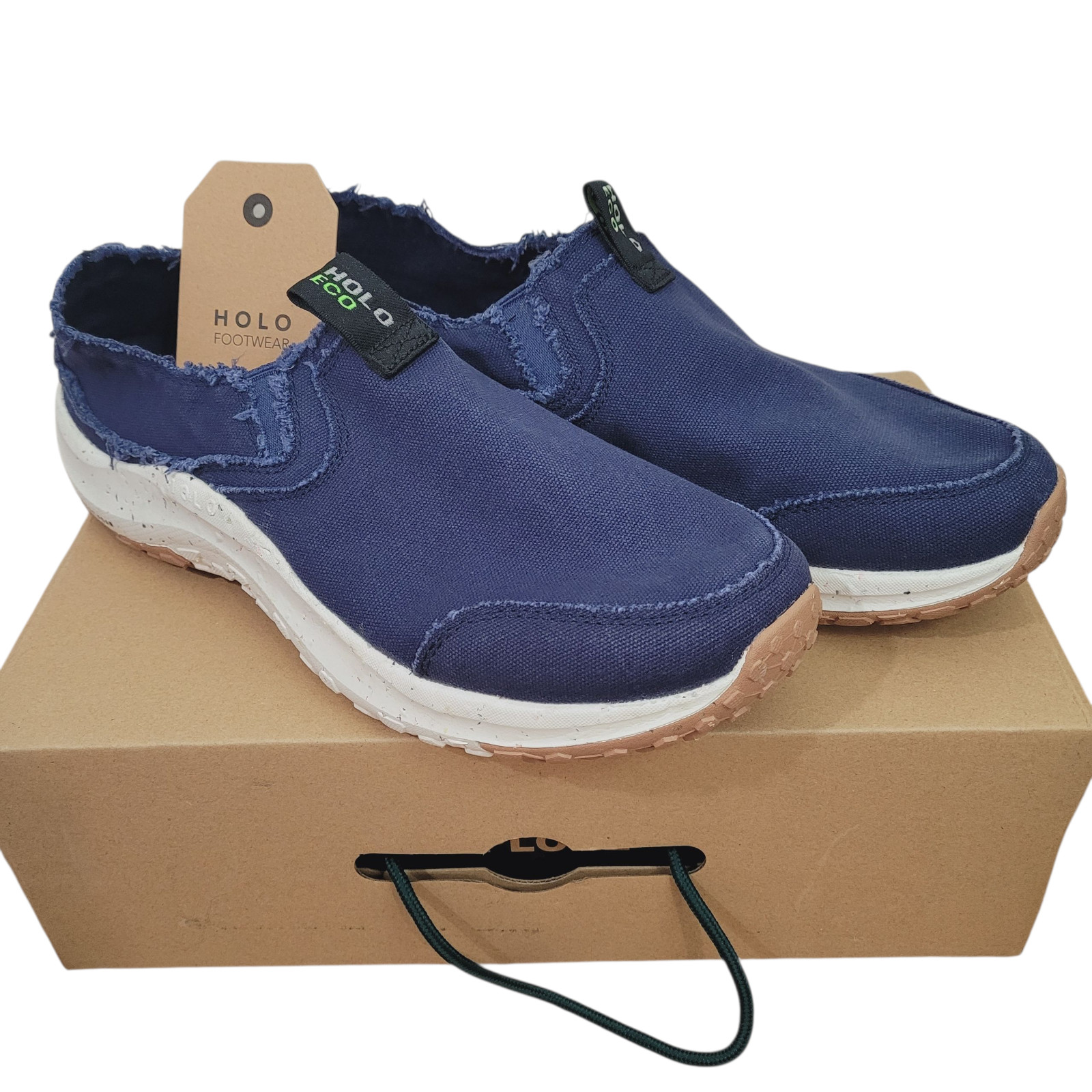 Holo Eco Athena Moc Canvas Mens Slip on Shoes Indigo RPET NIB Distressed Look