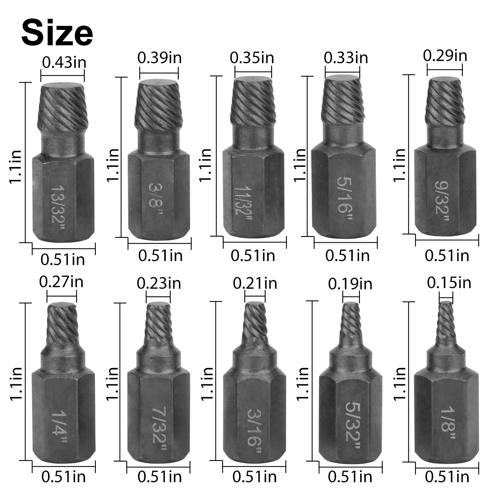 10Pc Screw Extractor Set Hex Head Multi-Spline Damaged Bolt Nut Remover Tool Kit