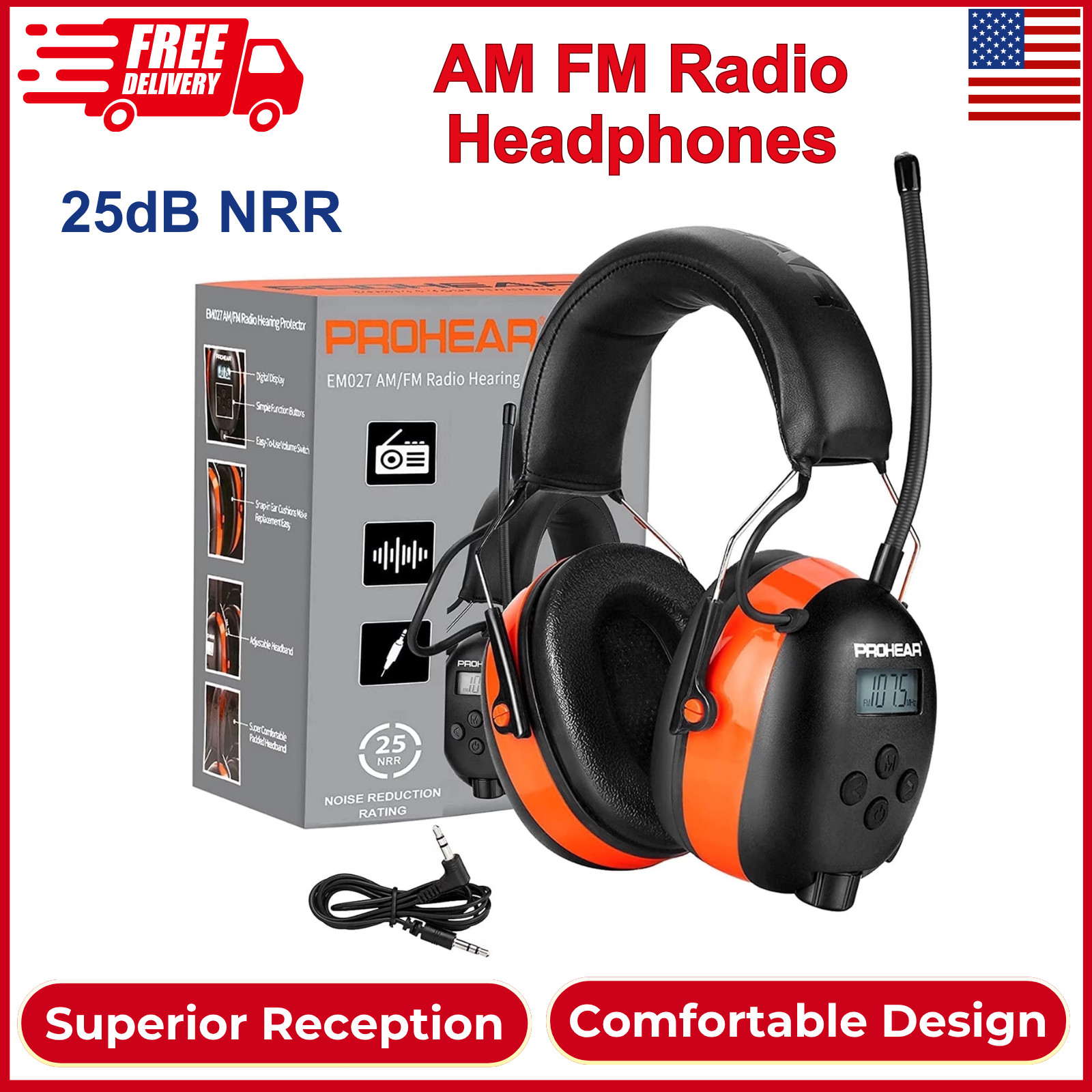 PROHEAR 027 AM FM Radio Headphones W/ Digital Display, 25dB NRR, Safety Ear, LCD