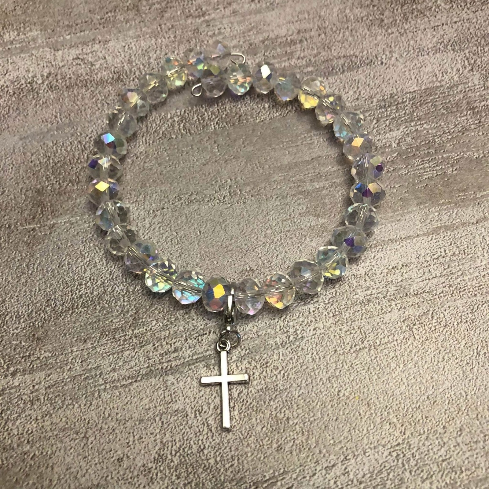 Clear Beaded Bracelet Silver Cross Pendant Handmade