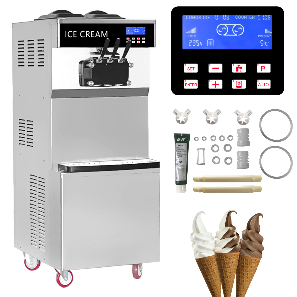 220V Ice Cream & Frozen Yogurt Commercial Soft Serve Machine 40L/H 3 Flavo