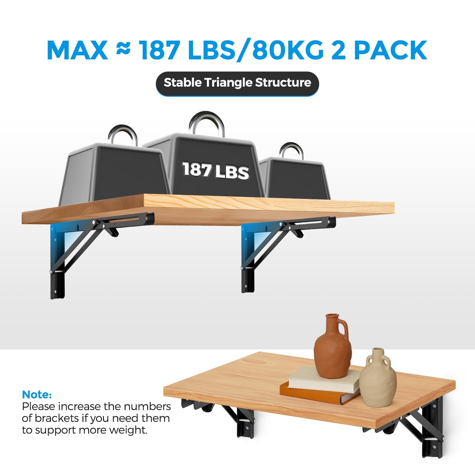 2 PCS Matte Black Folding Shelf Bracket 12 Inch Wall Mounted Collapsible Mount