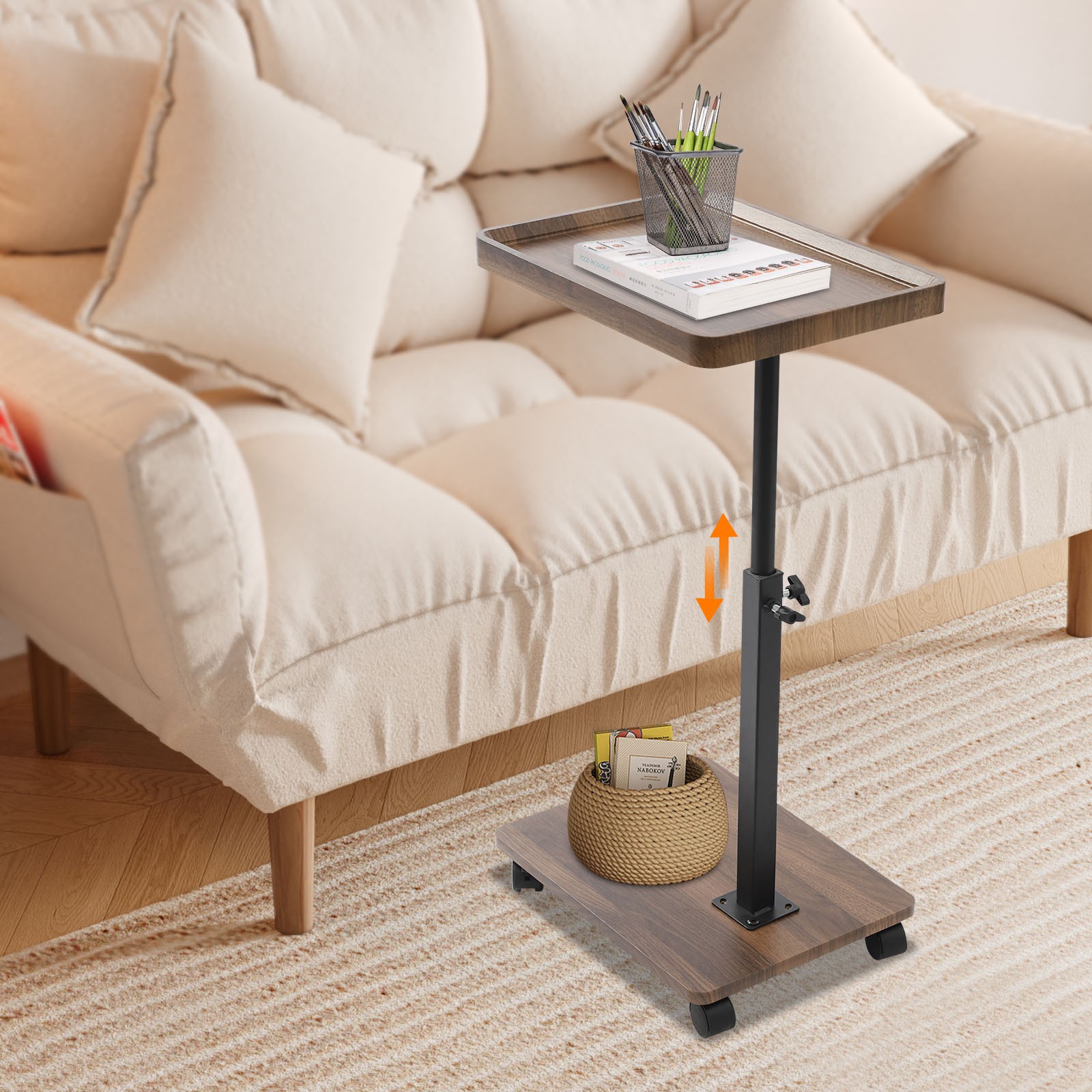 Rolling Side Table With 4 Wheels Adjustable End Table Coffee Table Laptop Stand
