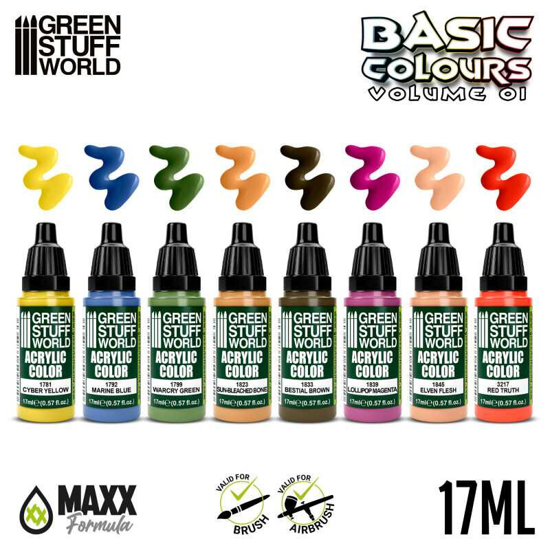 Green Stuff World Acrylic Starter Kit - Basics Vol 01 Model Paint Set - 8 Paints