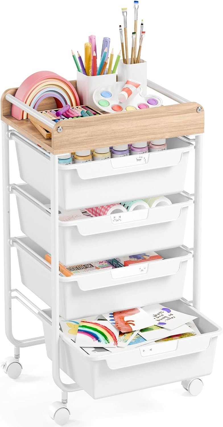 Stylish 4-Tier Plastic Drawer Organizer with Wooden Surface for Versatile Use