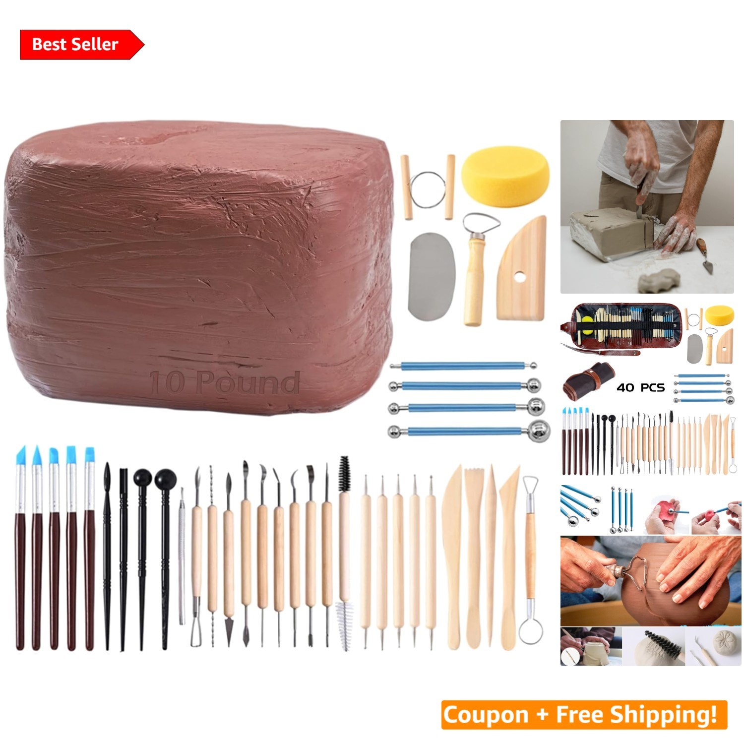 Natural Air-Dry Clay & Complete 40-Piece Pottery Tool Set for All Levels