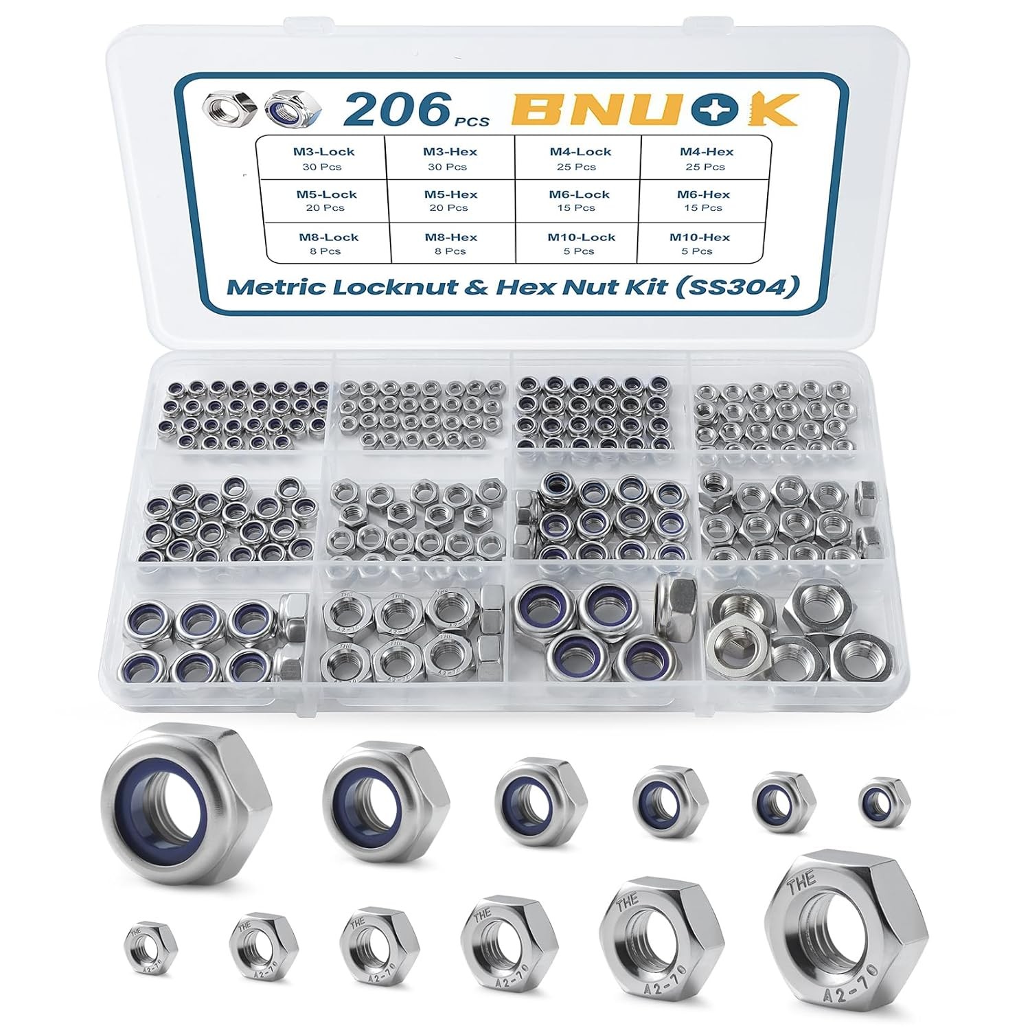 206PCS Metric Locknuts Hex Nuts Assortment Kit M3 to M10 304 Stainless Steel