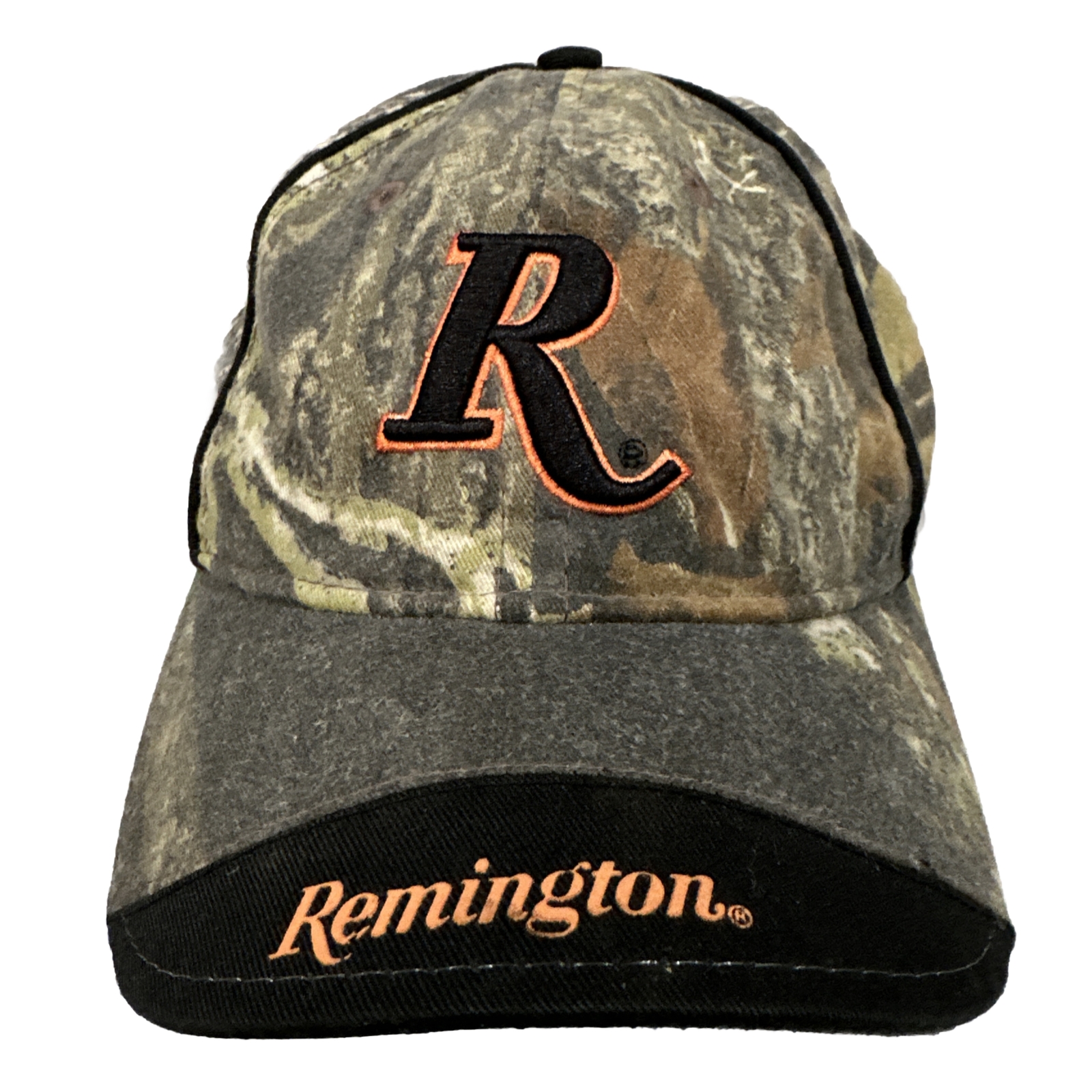 Remington Camouflage Youth Hat Cap With Black R outlined in Orange. Strap Buckle