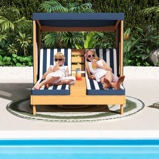 Kids Patio Lounge Chair with Cup Holders and Awning-Navy - Color: Navy