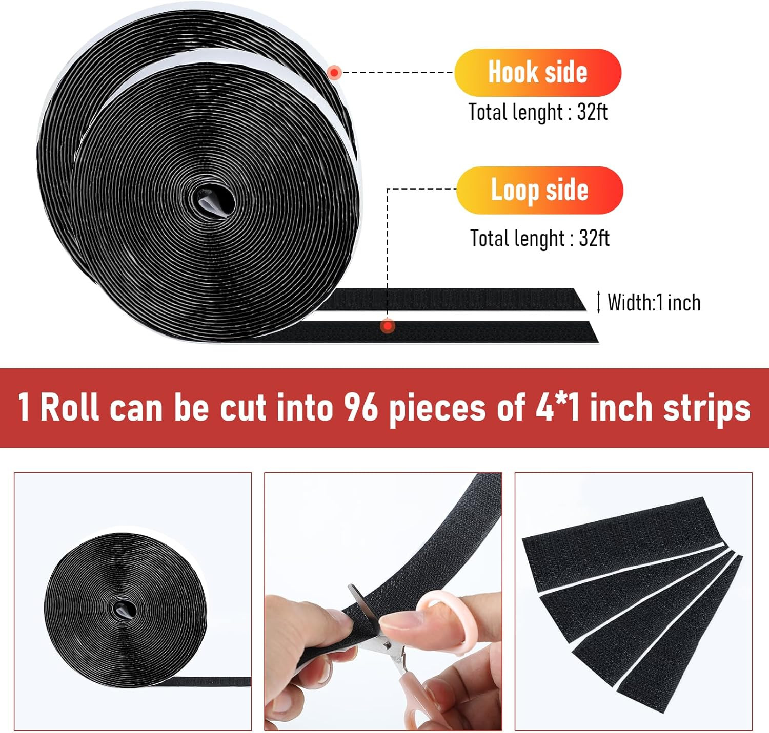 32Ft Hook and Loop Tape Adhesive Back Heavy Duty Strips Black 1in Roll