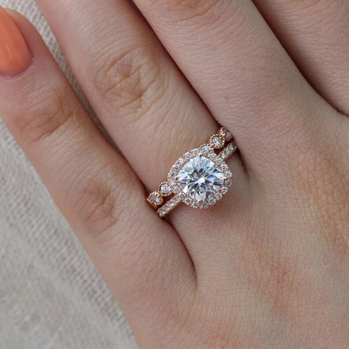 Lab-Created 3.20Ct Cushion Cut White Diamond Wedding Ring Set 14K Rose Gold Over