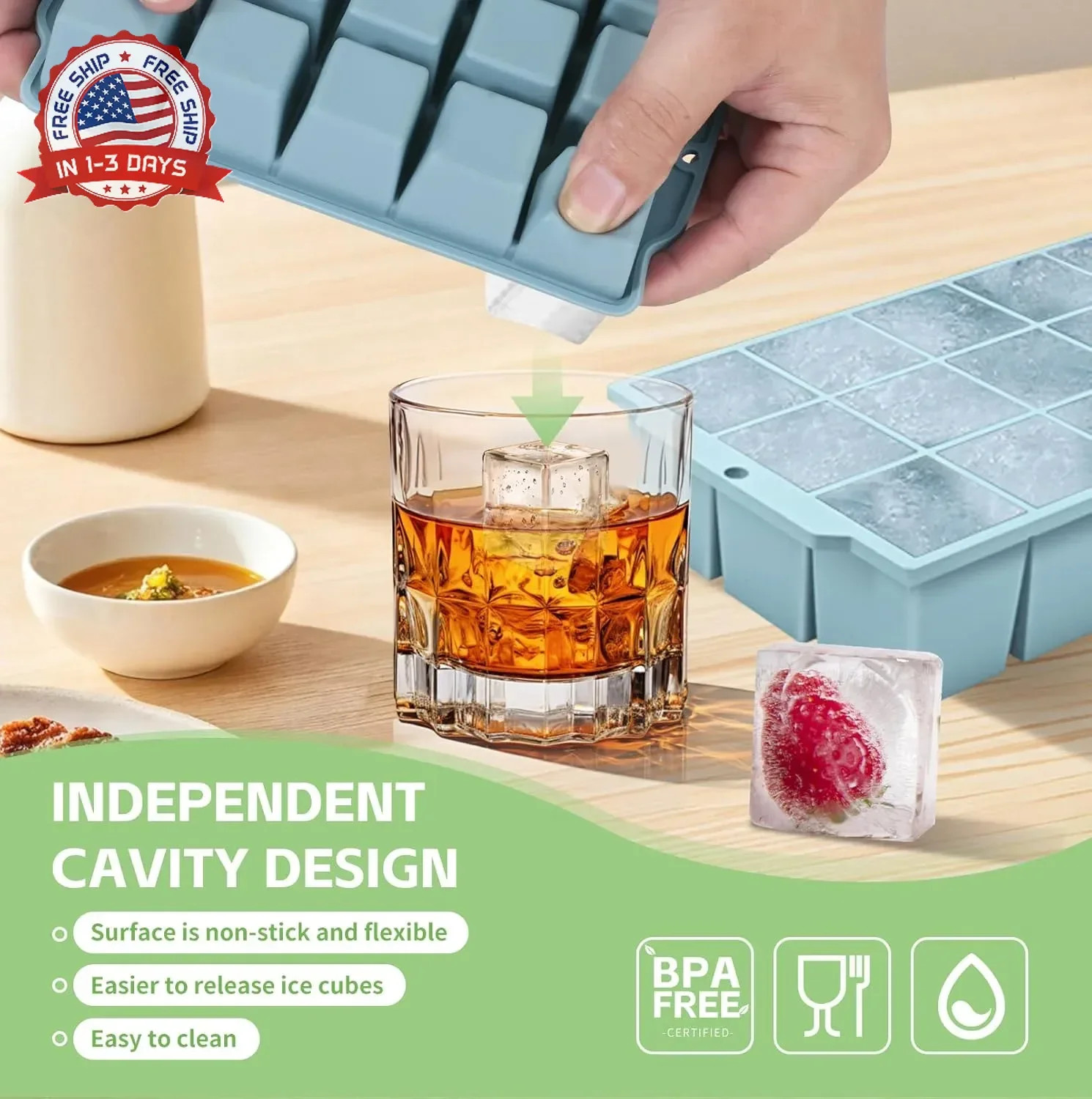 Silicone Ice Cube Tray with Locks Lids 4 Pack, Easy Release Flexible 15 Square I