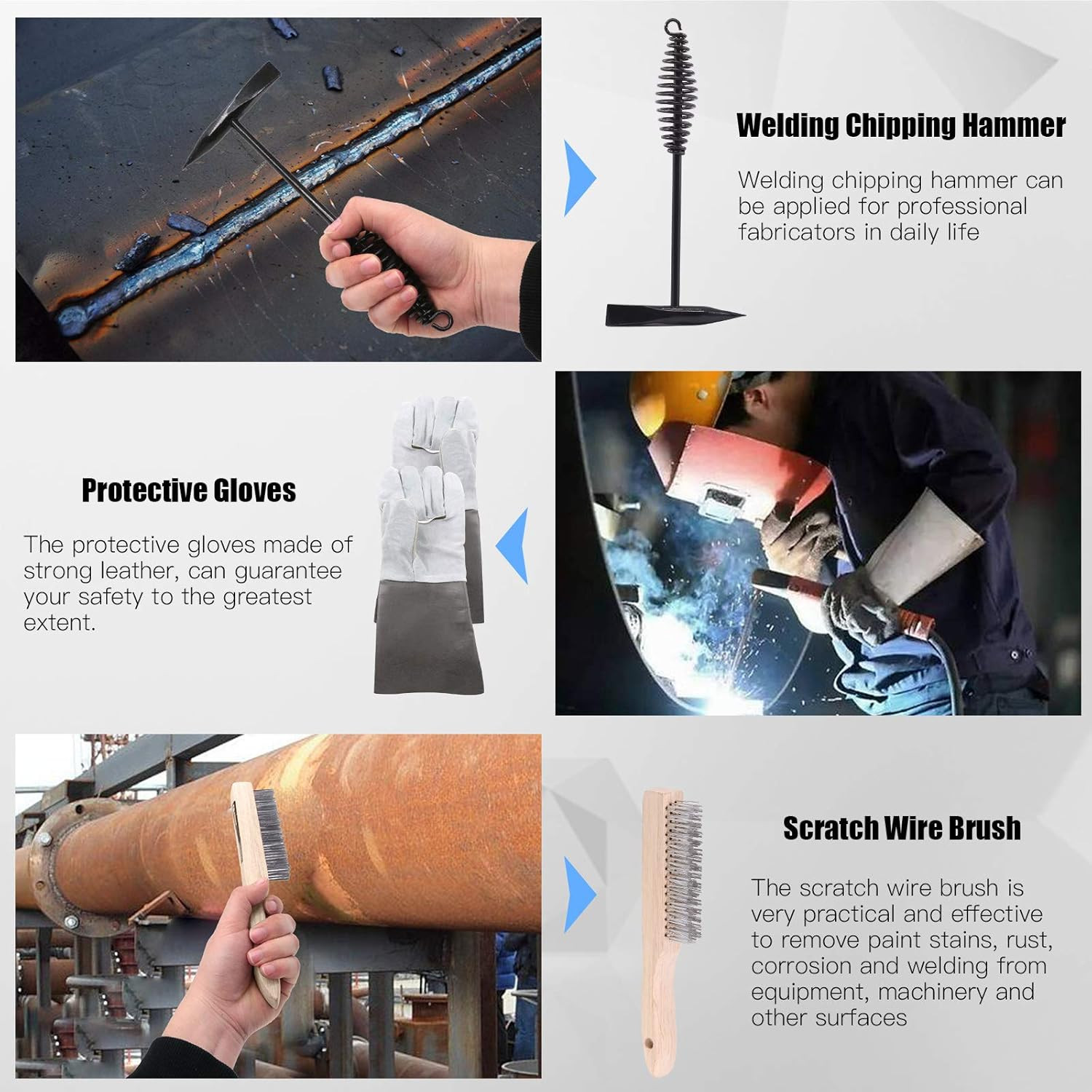 Welding Chipping Hammer Set 10" With Wire Brush And Protective Gloves 4Pc