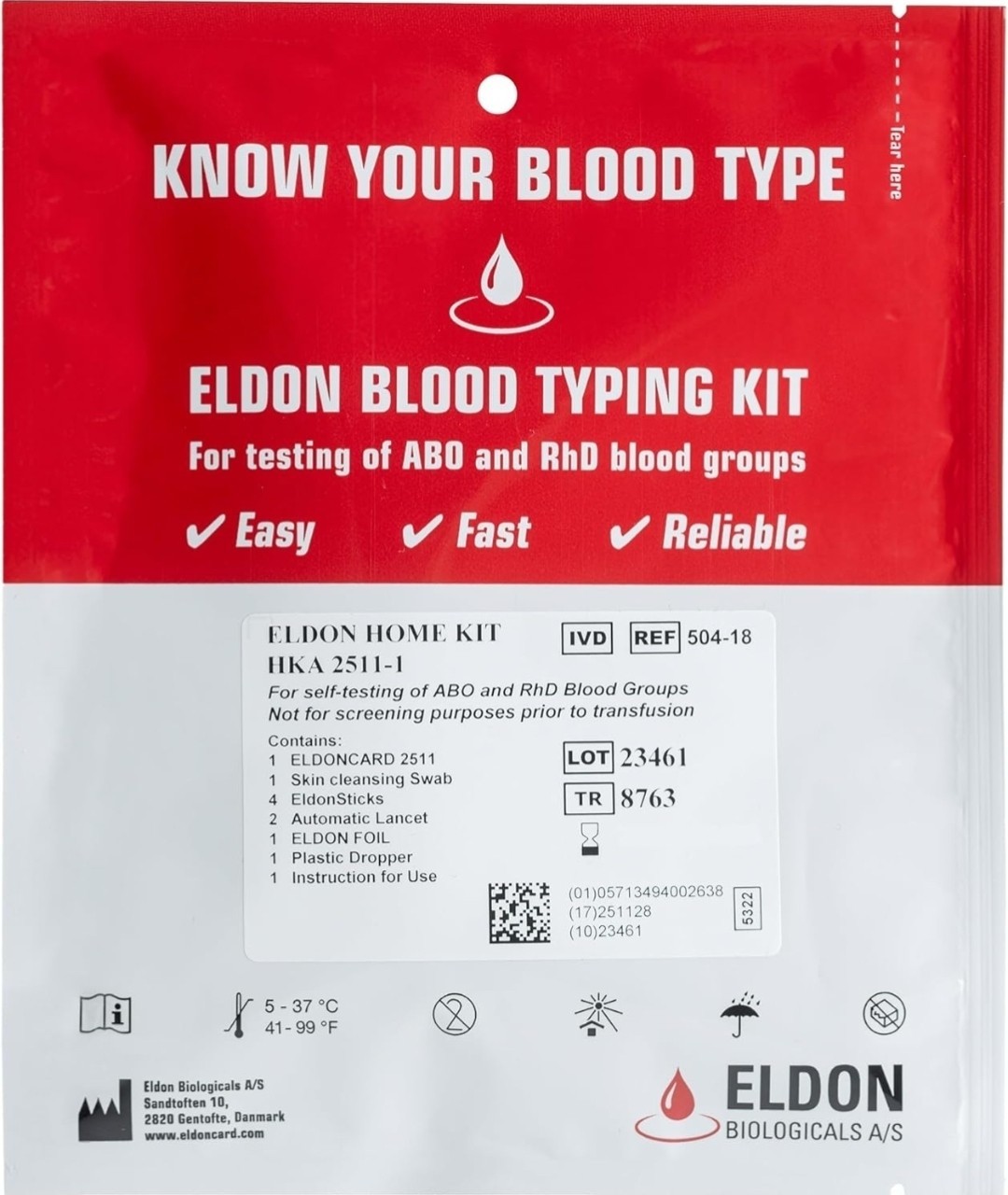 Complete Kit BLOOD Type Test EldonCard HOME TEST Kit Air Sealed Envelope