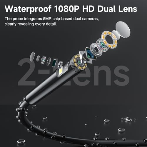 Dual Lens Endoscope Camera with 5" IPS Screen, 1080P, 16.5FT Cable, LED Lights