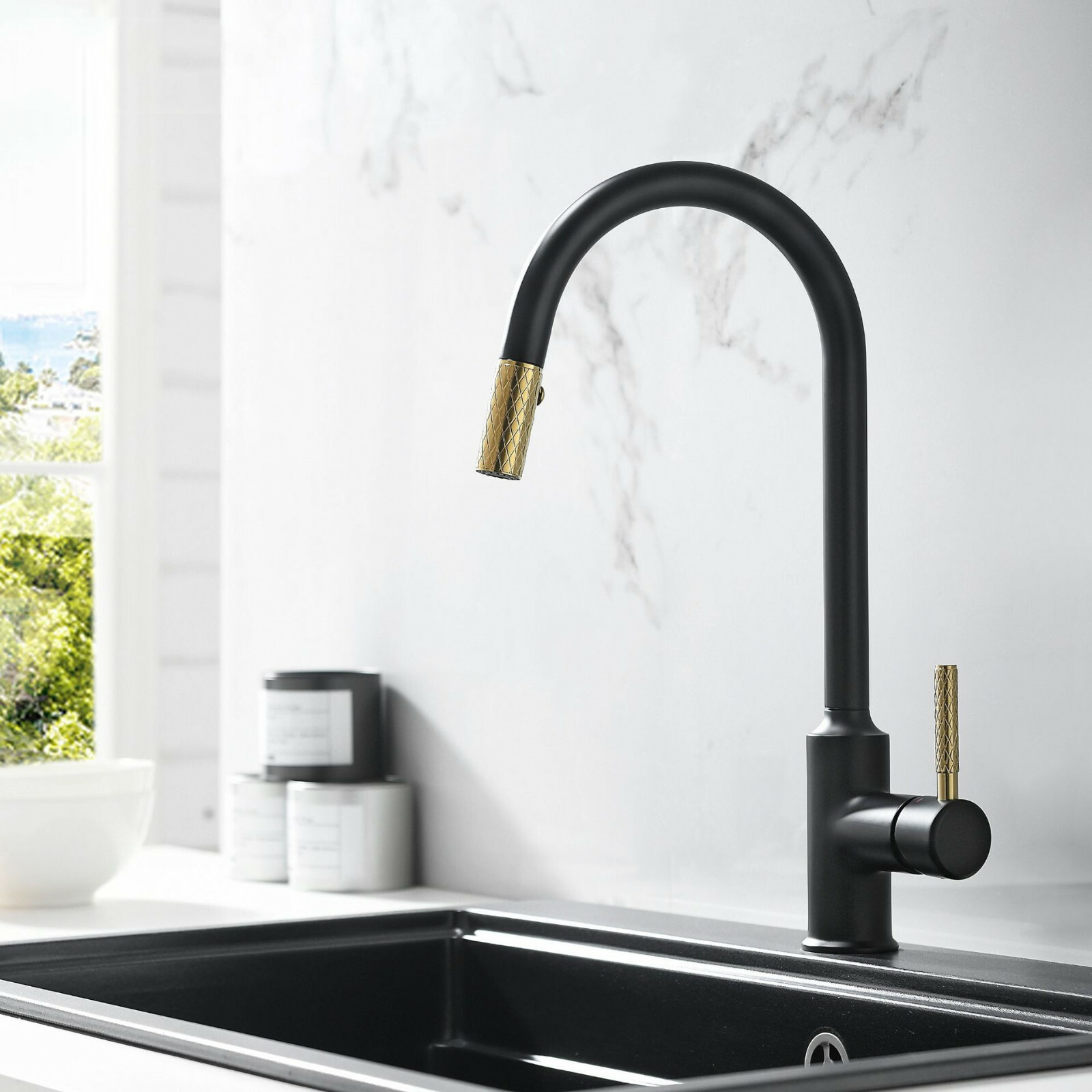 Brass Black Gold Pull out Kitchen Sink Faucet Deck Mounted Two Water Sprayer