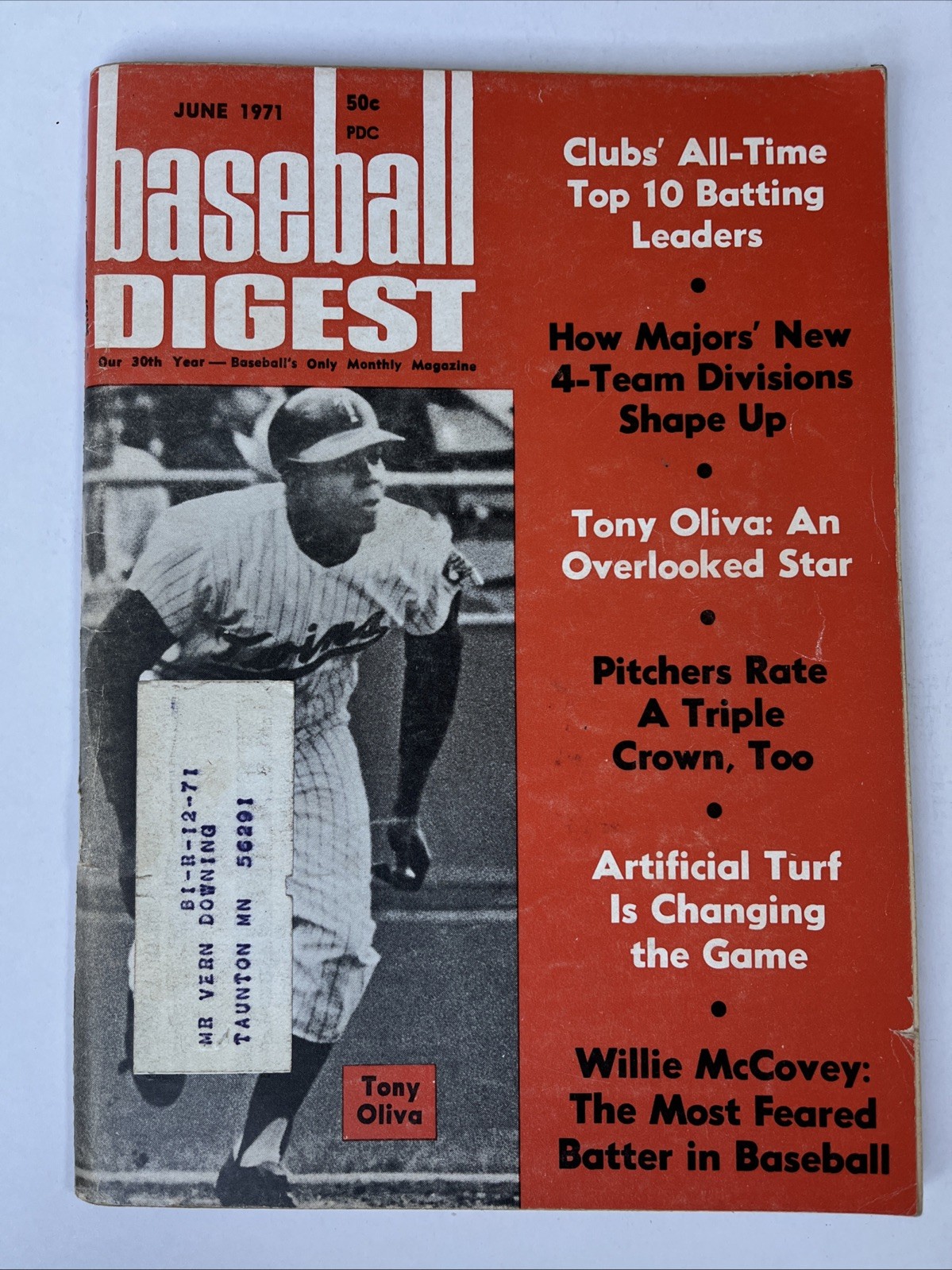 Baseball Digest Magazine June 1971, Tony Oliva, Minnesota Twins! (B6)