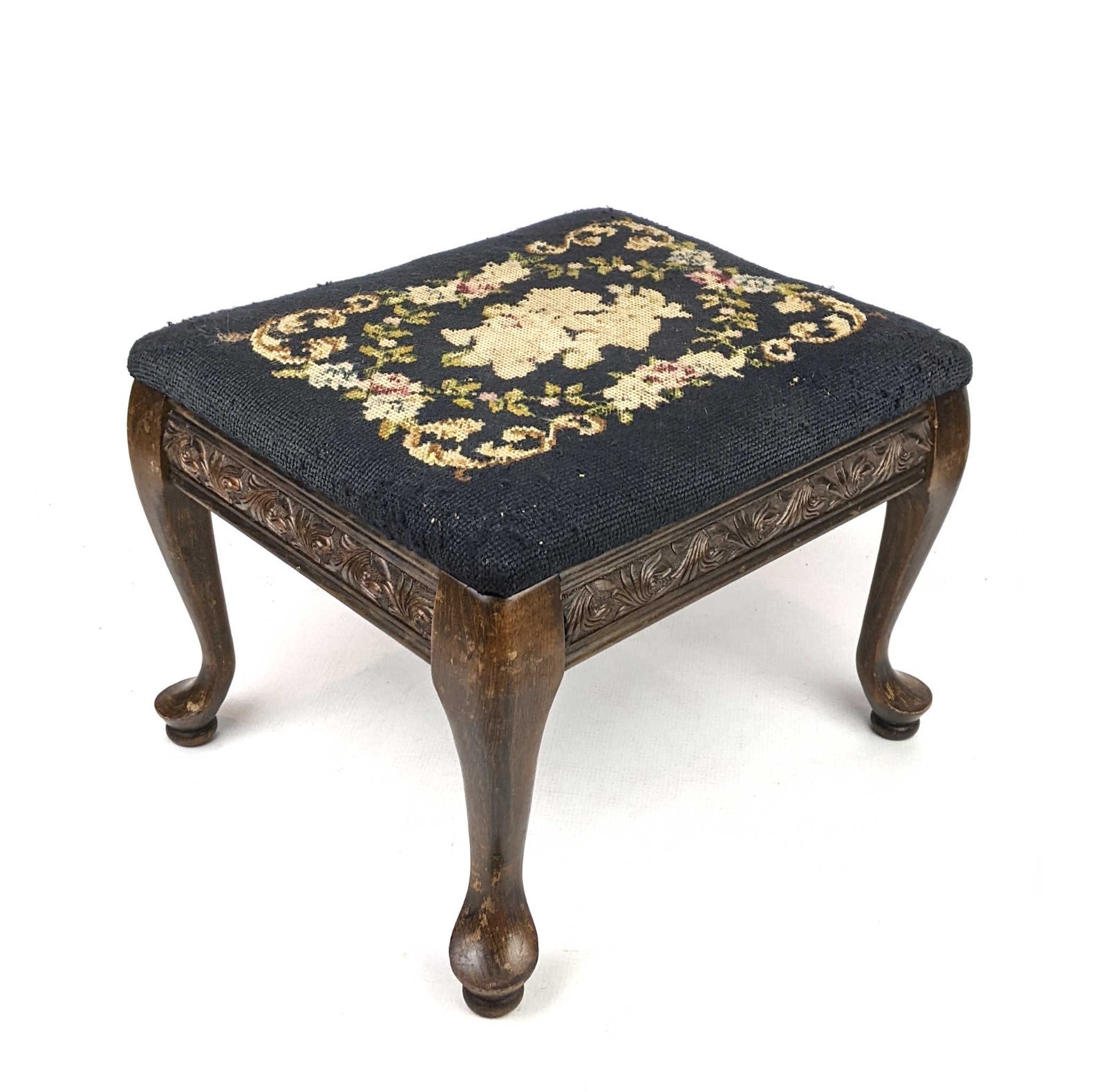 Vintage Wood Footstool Needlepoint Floral Embroidered