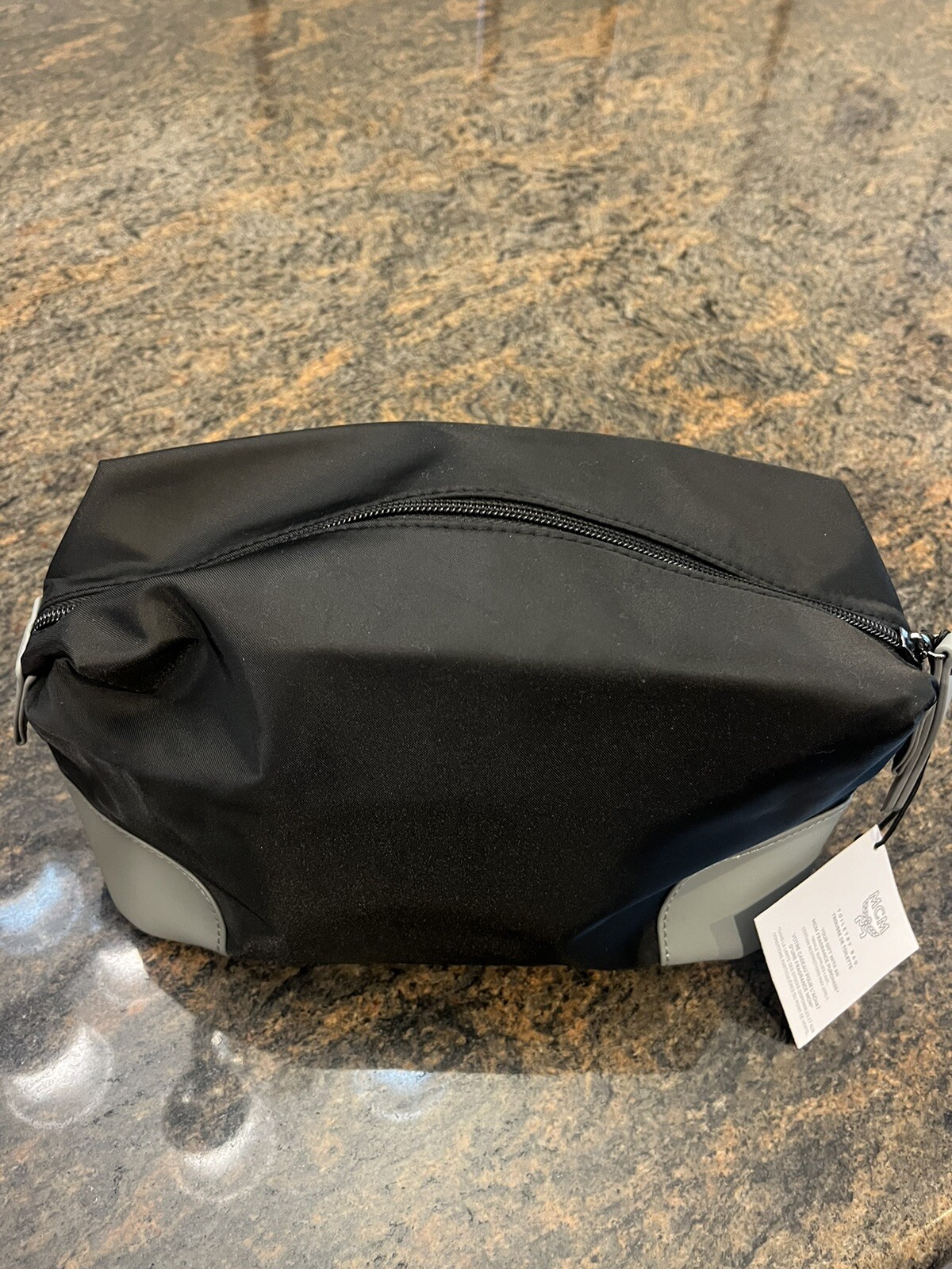 MCM Mens Toiletry Bag Embossed Polyester Clutch Bag Black & Gray 10” x 5” NWT!