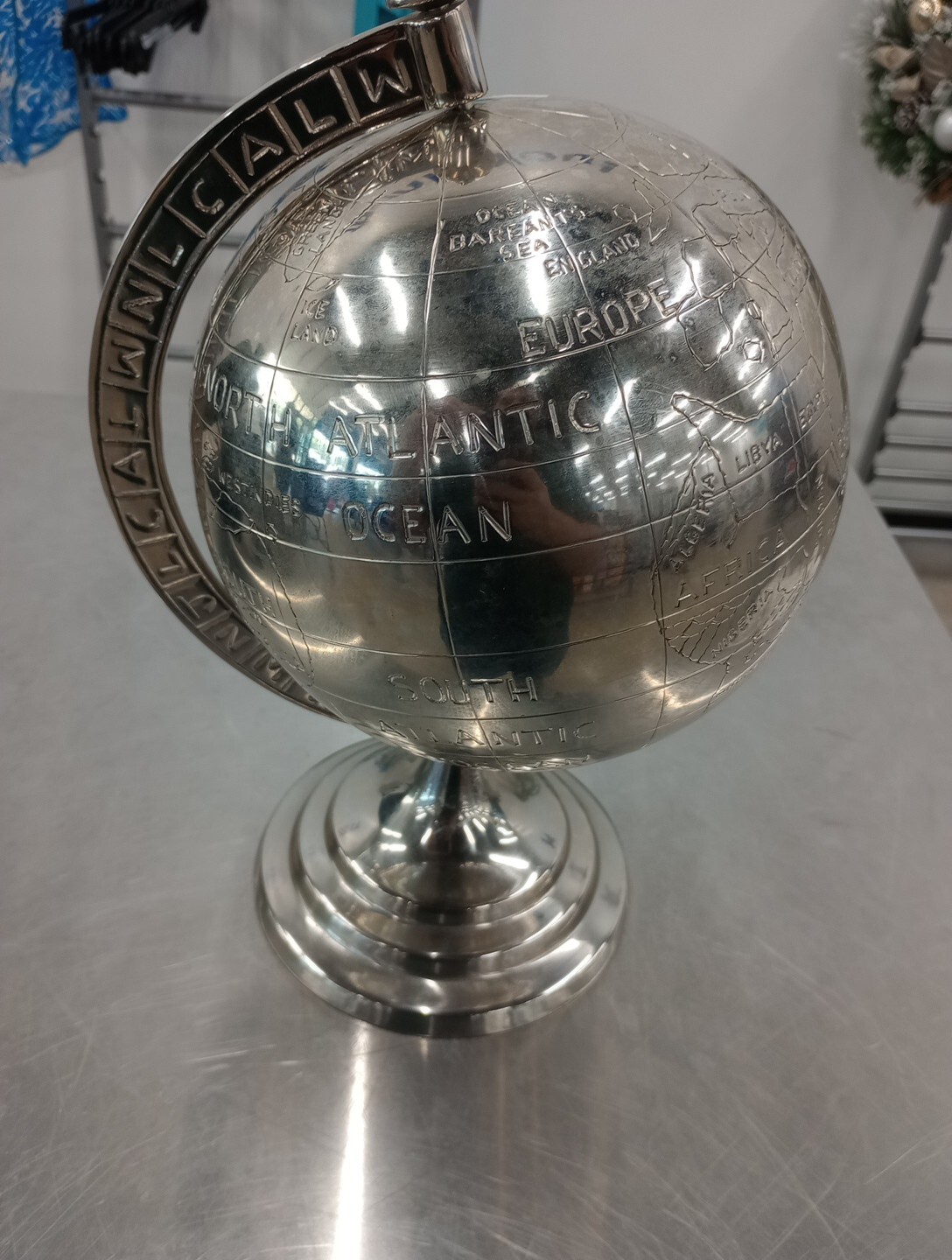 Vtg Silver Metal Chrome 13" World Globe Map Rotating Heavy Desktop Decor
