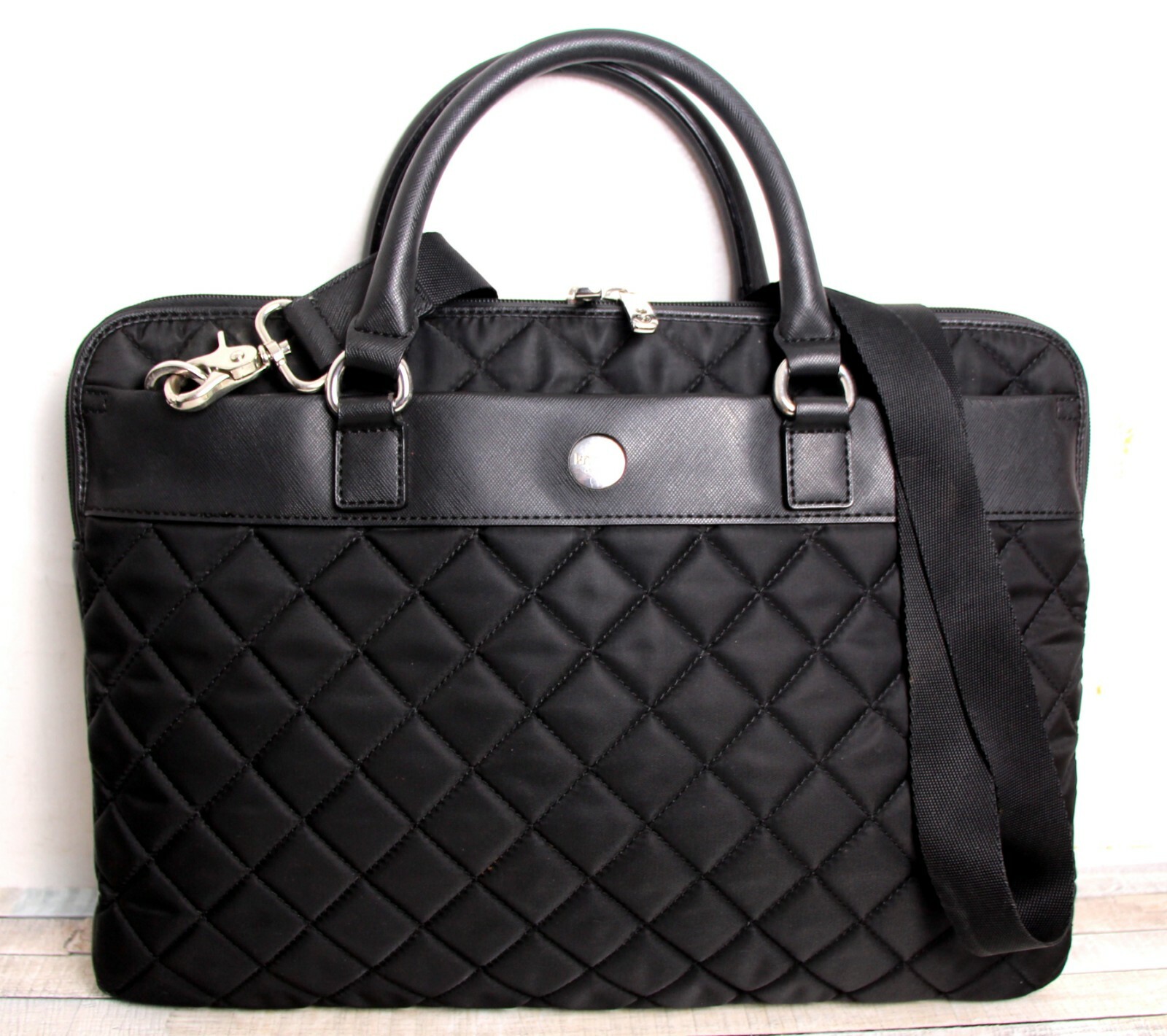 KHOMO AVIGNON BLACK QUILTED NYLON LEATHER LAPTOP MESSENGER SHOULDER BAG 15"