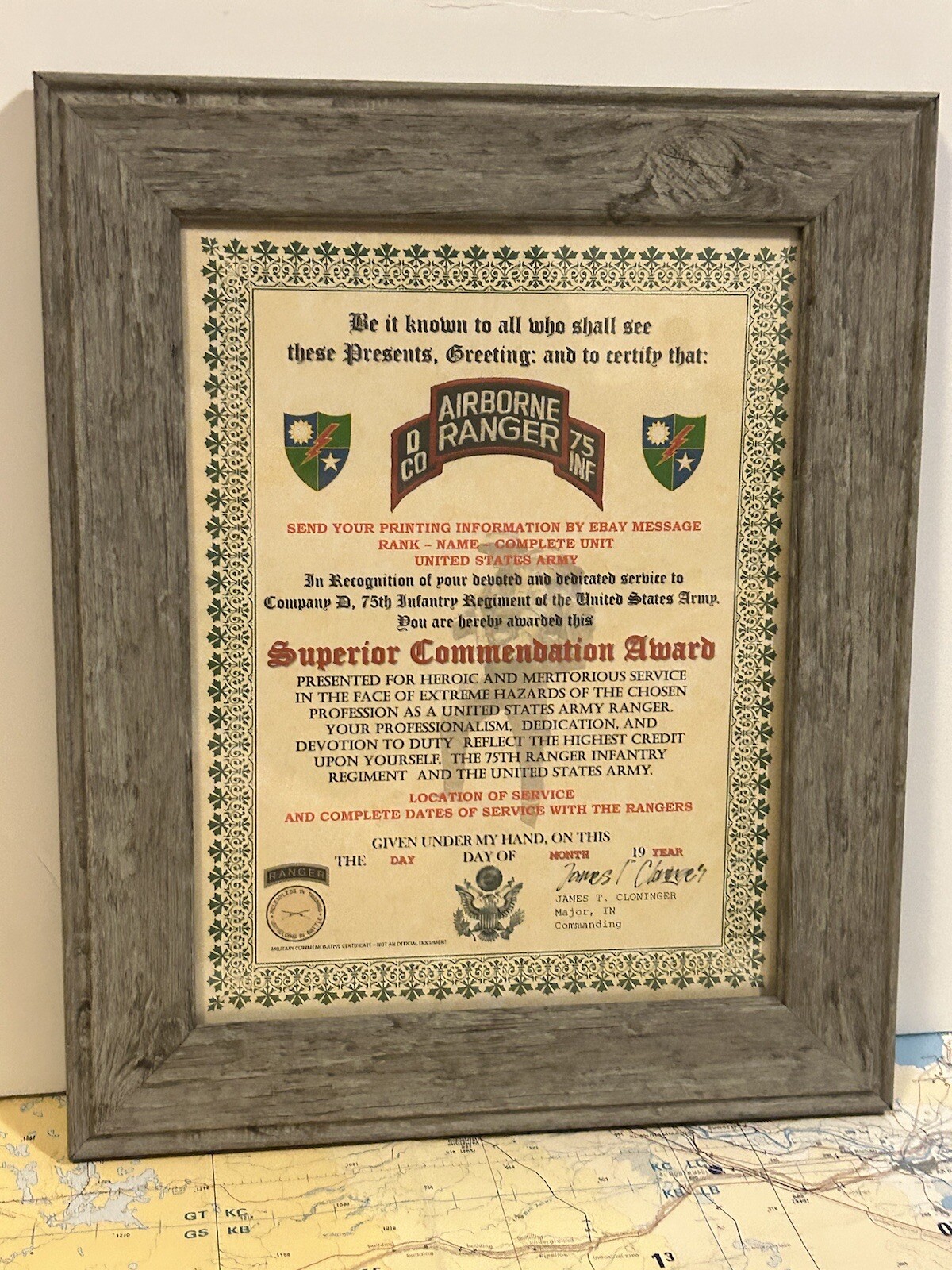 U.S. ARMY - 75TH RANGER / D CO - SUPERIOR COMMENDATION AWARD CERTIFICATE