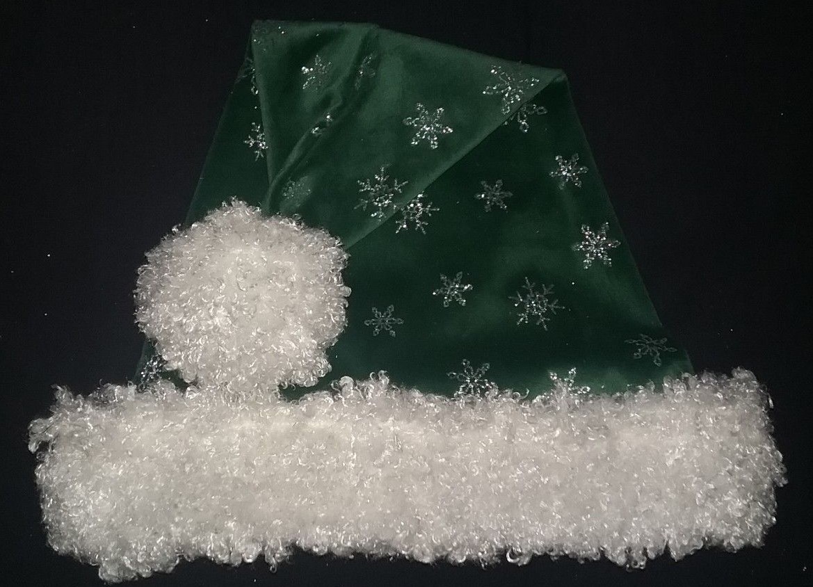 24" GREEN Santa hat with SILVER SNOWFLAKES w/ WHITE faux fur ball & Trim