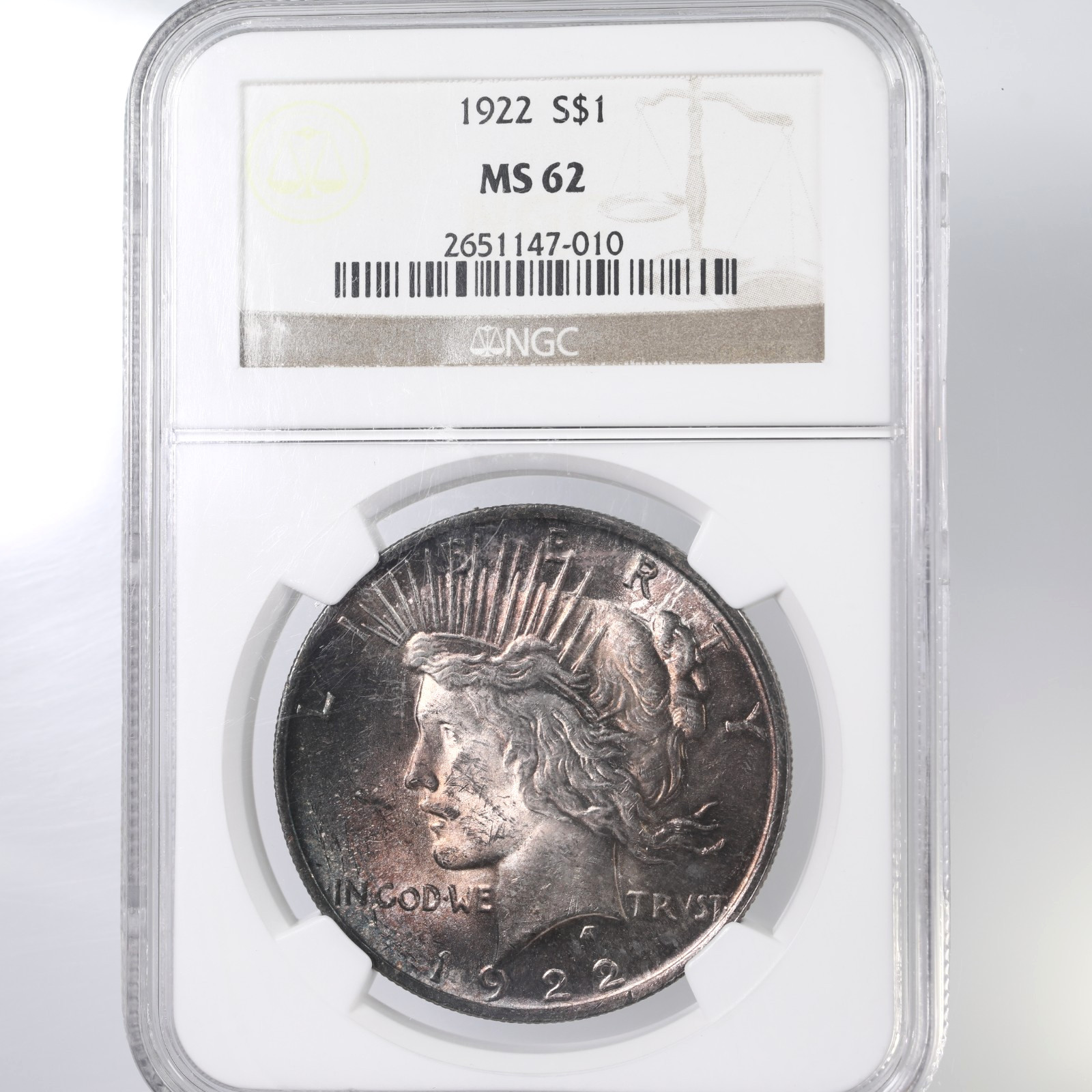 1922 NGC Certified MS62 Peace Silver Dollar Graded Coin