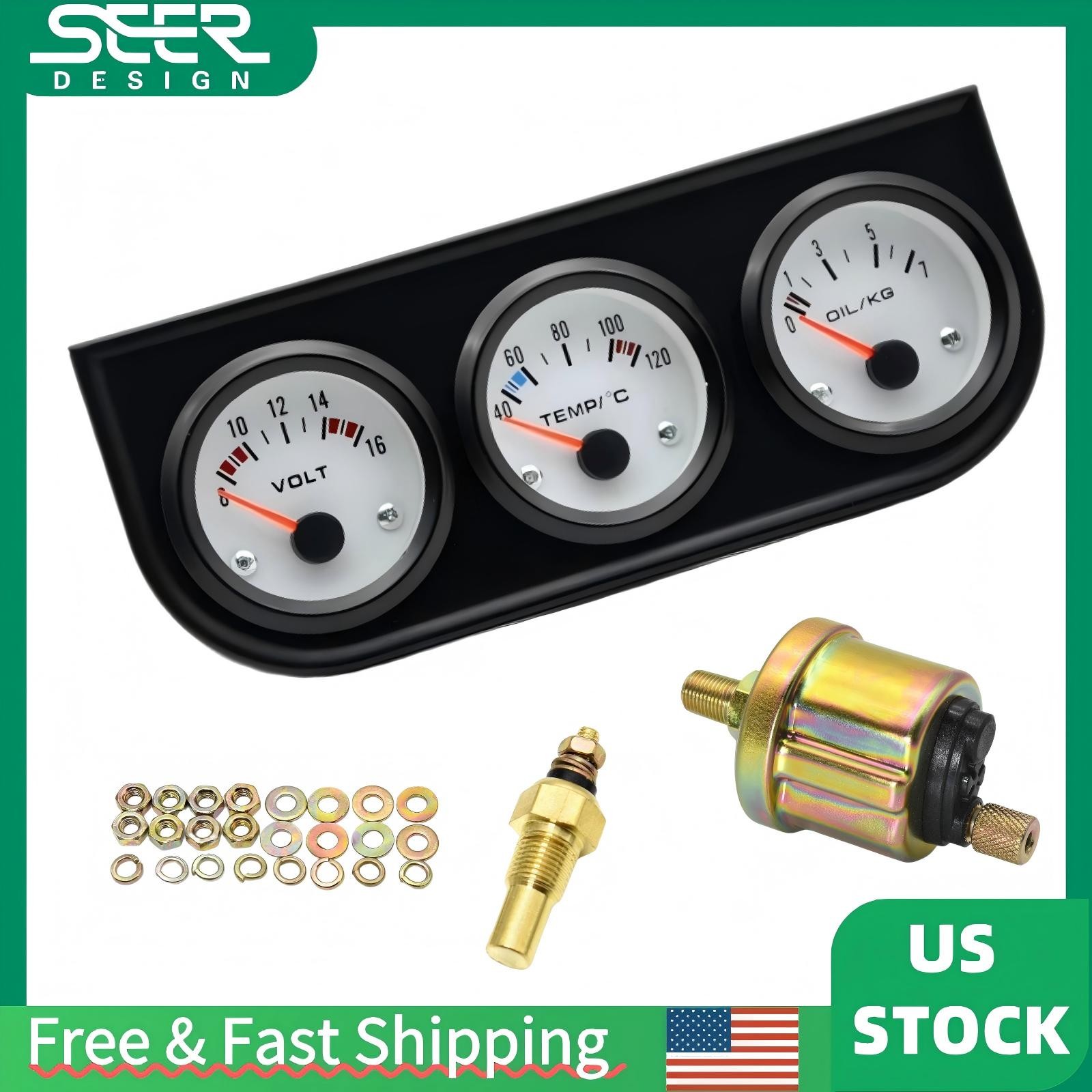 2" 52mm 3in1 Triple Gauge Set Volt Water Meter Temp Oil Pressure Kit White Face