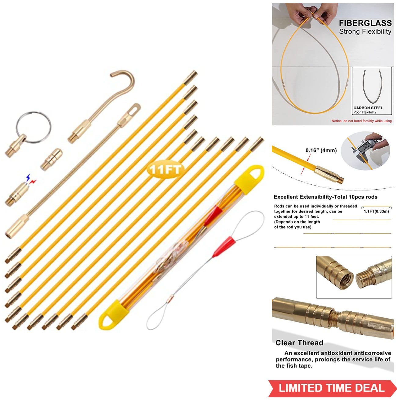 Fiberglass Wire Running Kit 11FT Cable Pulling Rods Fish Tape 5 Attachments