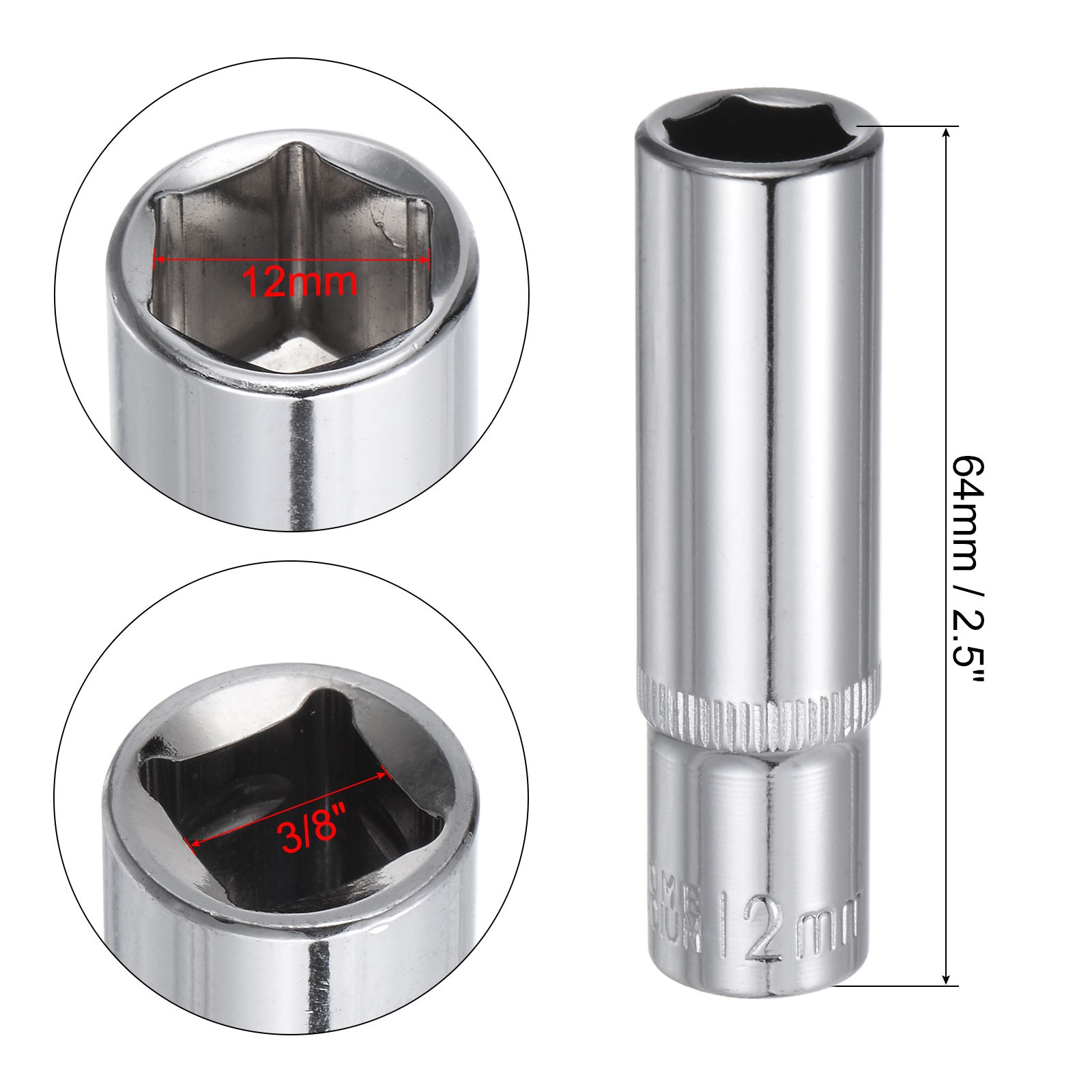 2Pcs 12mm Metric Deep Socket Steel Chrome Plated